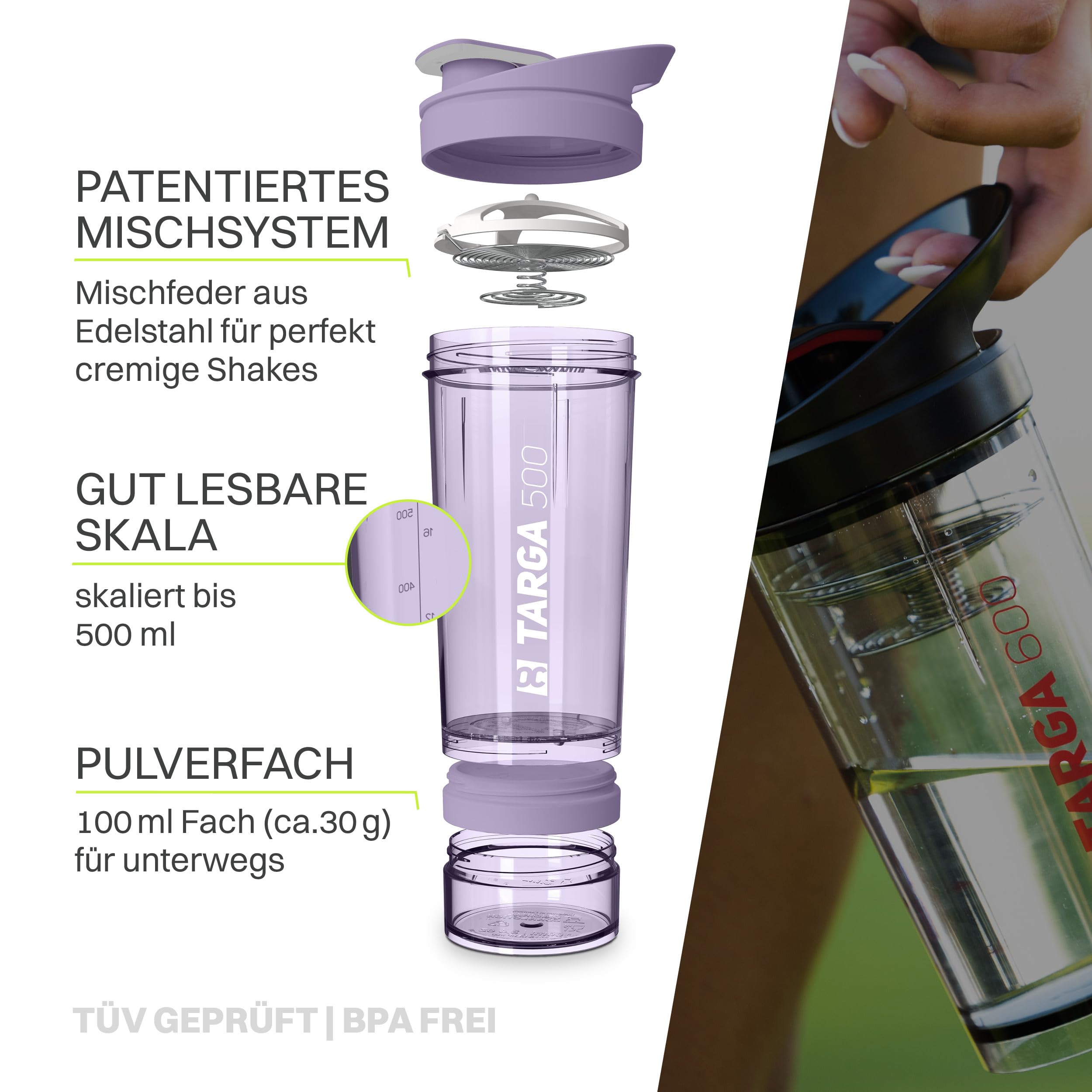 Protein Shaker 500ml + 100ml Pulverfach | Eiweißshaker mit Pulverfach | Gymshaker mit Edelstahl Mischfeder | Mixer für Proteinshakes | Shaker Gym | Klumpenfrei & Dicht | Trinkflasche 600ml BPA-frei