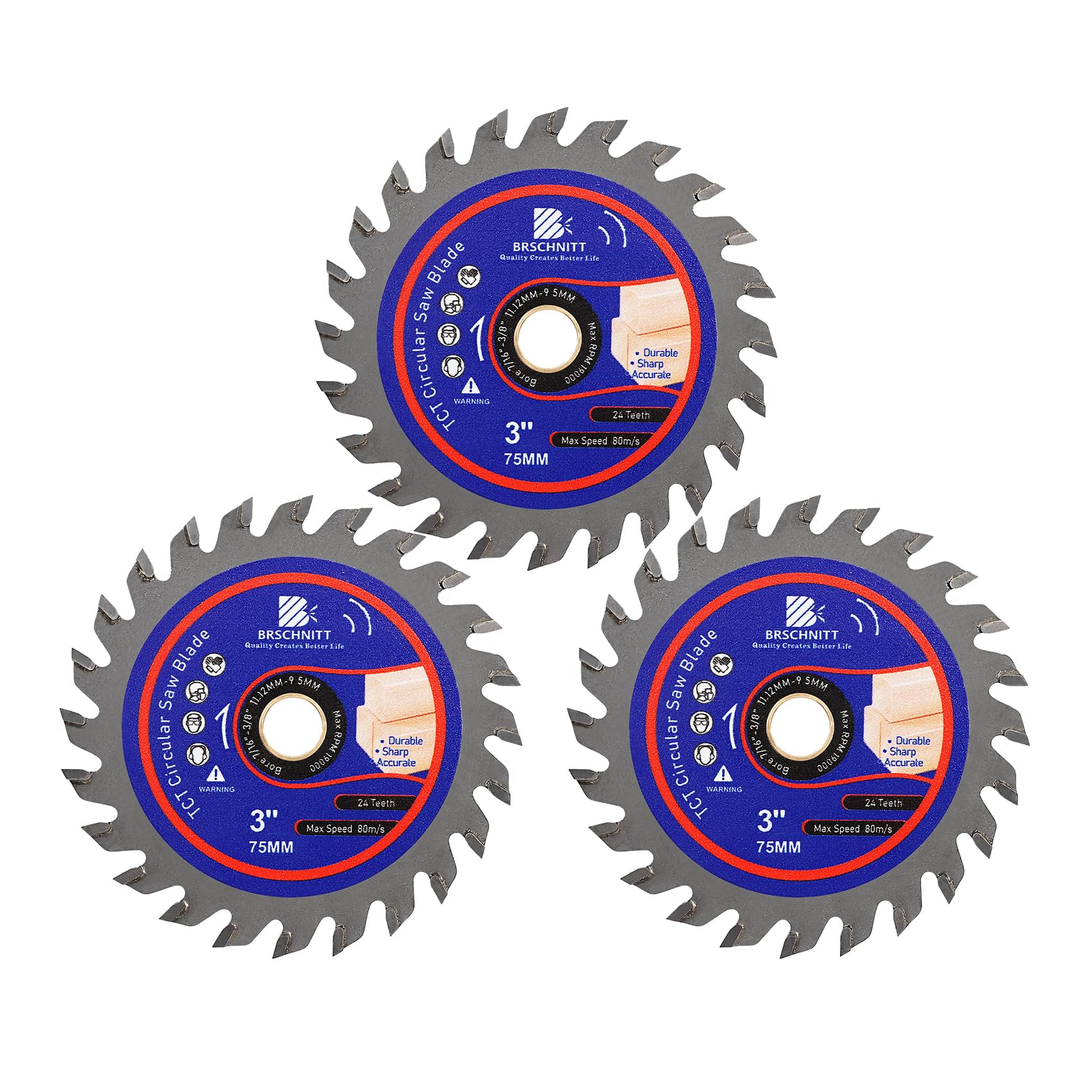 Wood Cutting Circular Saw Blade - BRSCHNITT TCT Circular Cutting Blade 3"(75mm)*3pcs 24T Cut Off Wheel for Wood Plastic Arbor 11.12/9.5mm