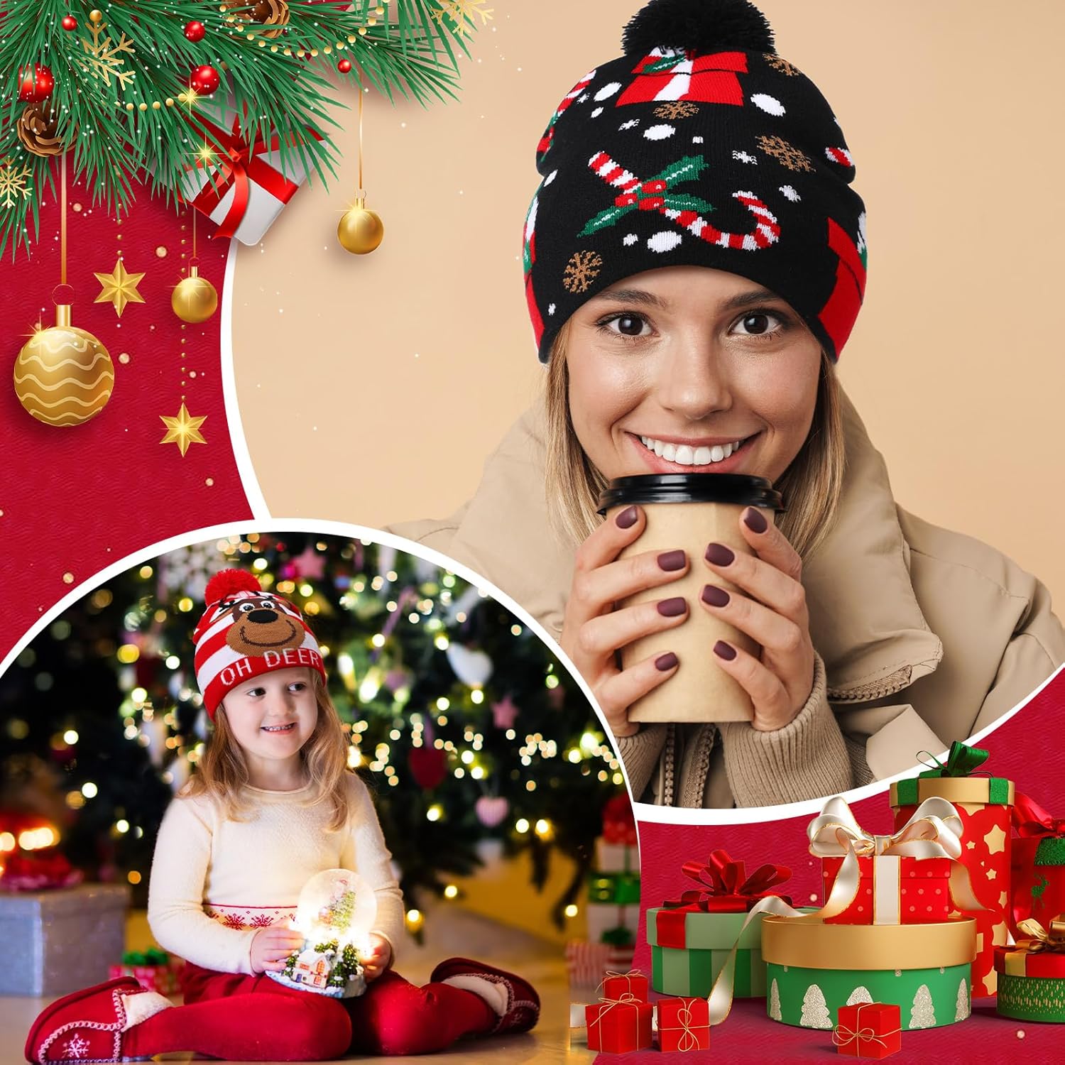 Mumufy 12 Pcs Christmas Beanie Hats Snowflake Pattern Hats Warm Stretch Winter Knit Hat for Men Women Adult Christmas Gifts