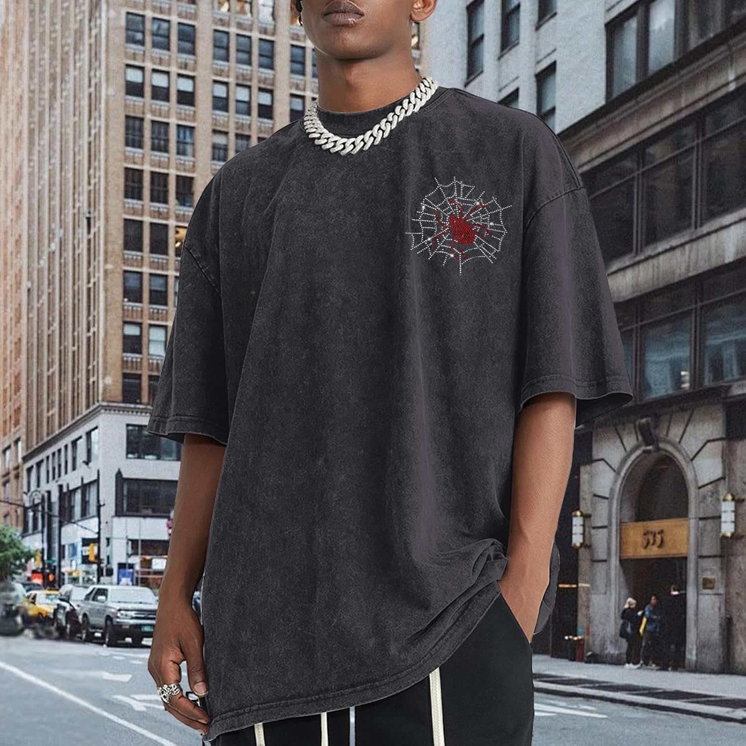Men's Rhinestone Graphic Tee Spider Grunge Shirts Vintage Oversized Acid Wash T Shirts Y2k Streetwear Cotton Tops