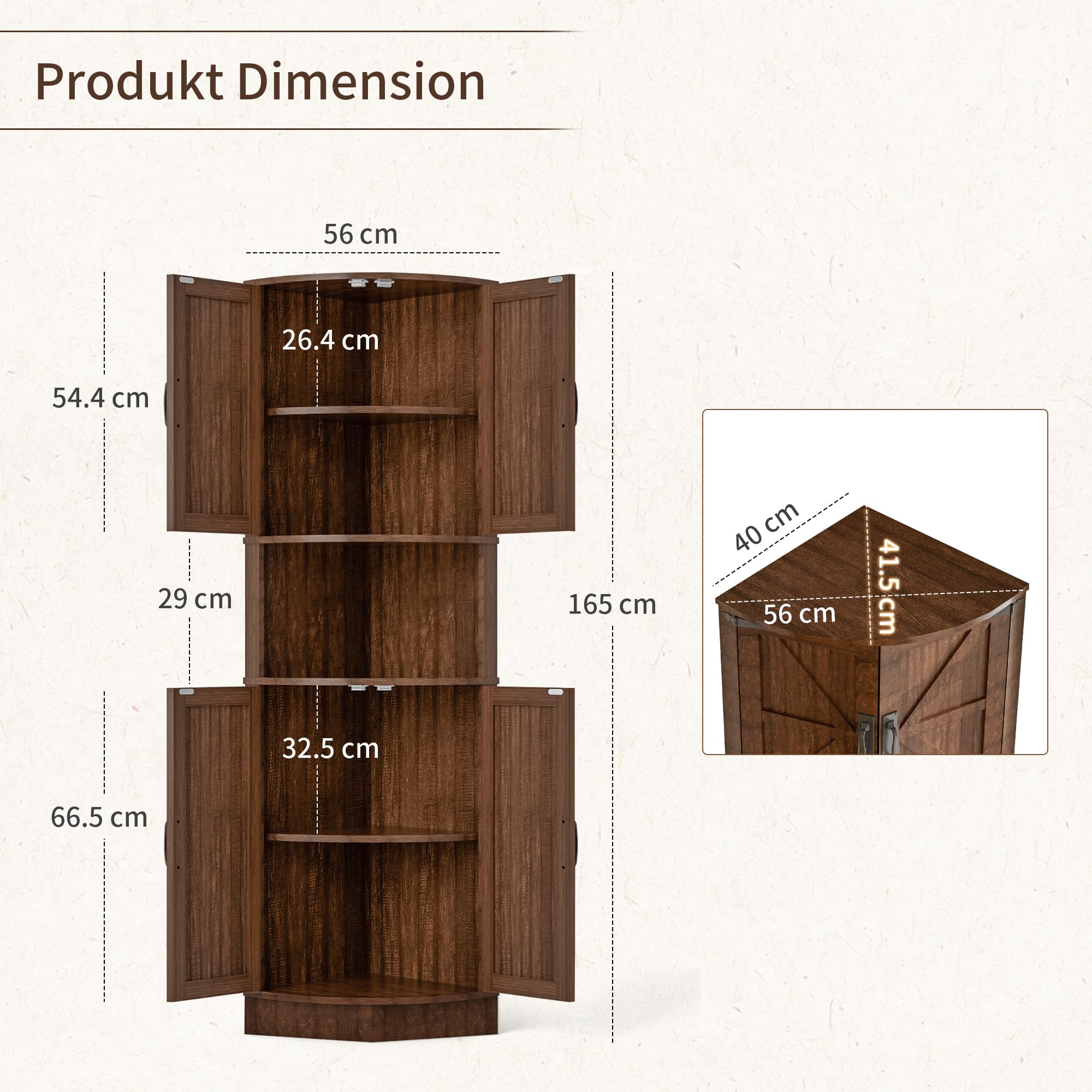BonVache Küchenschrank Hoch, Eckschrank, Badezimmerschrank Schmal, Eckregal mit 4 Türen und 5 Ablageflächen, 165cm Aufbewahrungsschrank Holz, Hochschrank für Küche, Wohnzimmer, Esszimmer, Braun