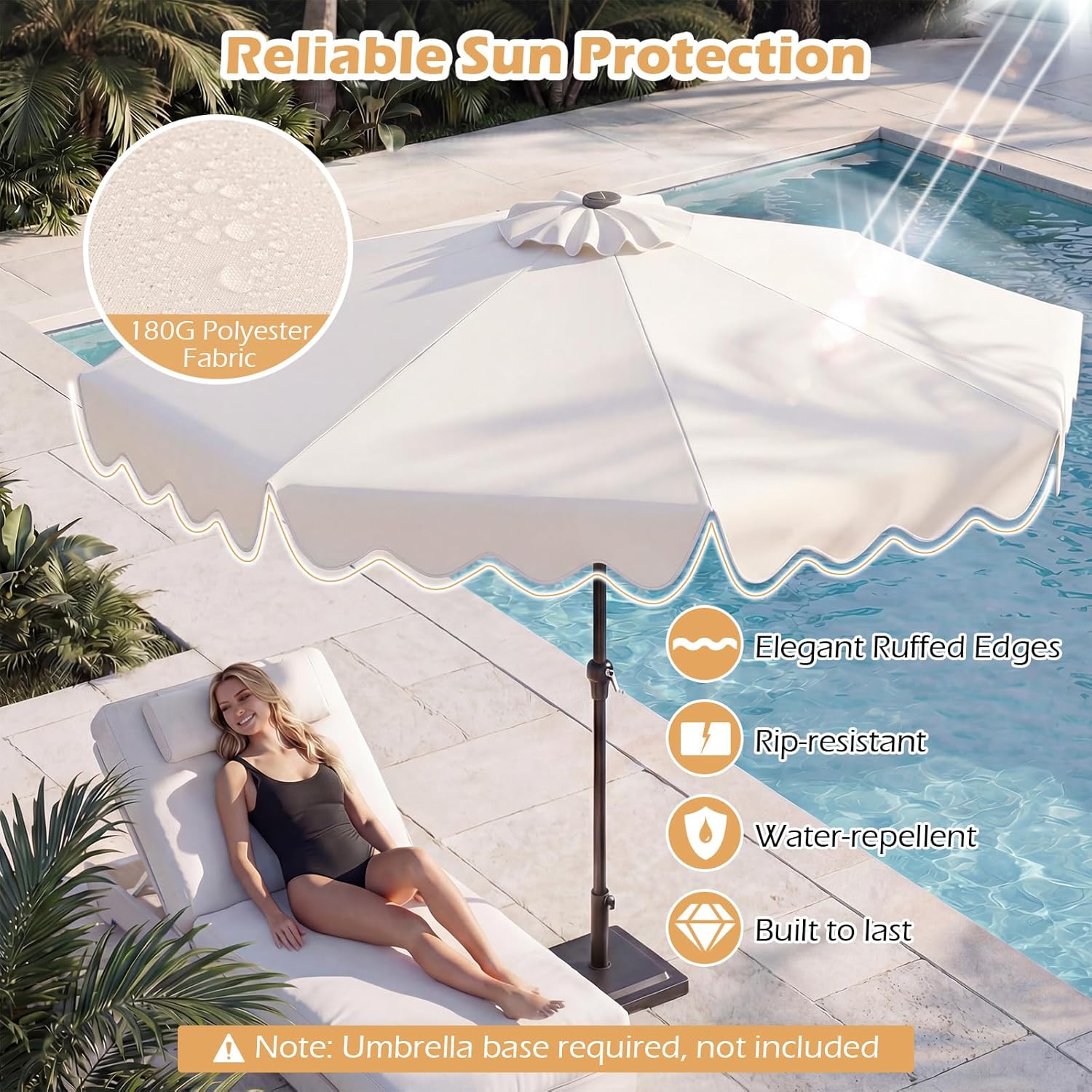 RELAX4LIFE 10 FT Solar Patio Umbrella - Scalloped Market Table Umbrella w/24 LED Lights, 2-Tier Vented Canopy, Push Button Tilt & Crank, Outdoor Heavy-Duty Sun Shade for Pool Deck Garden