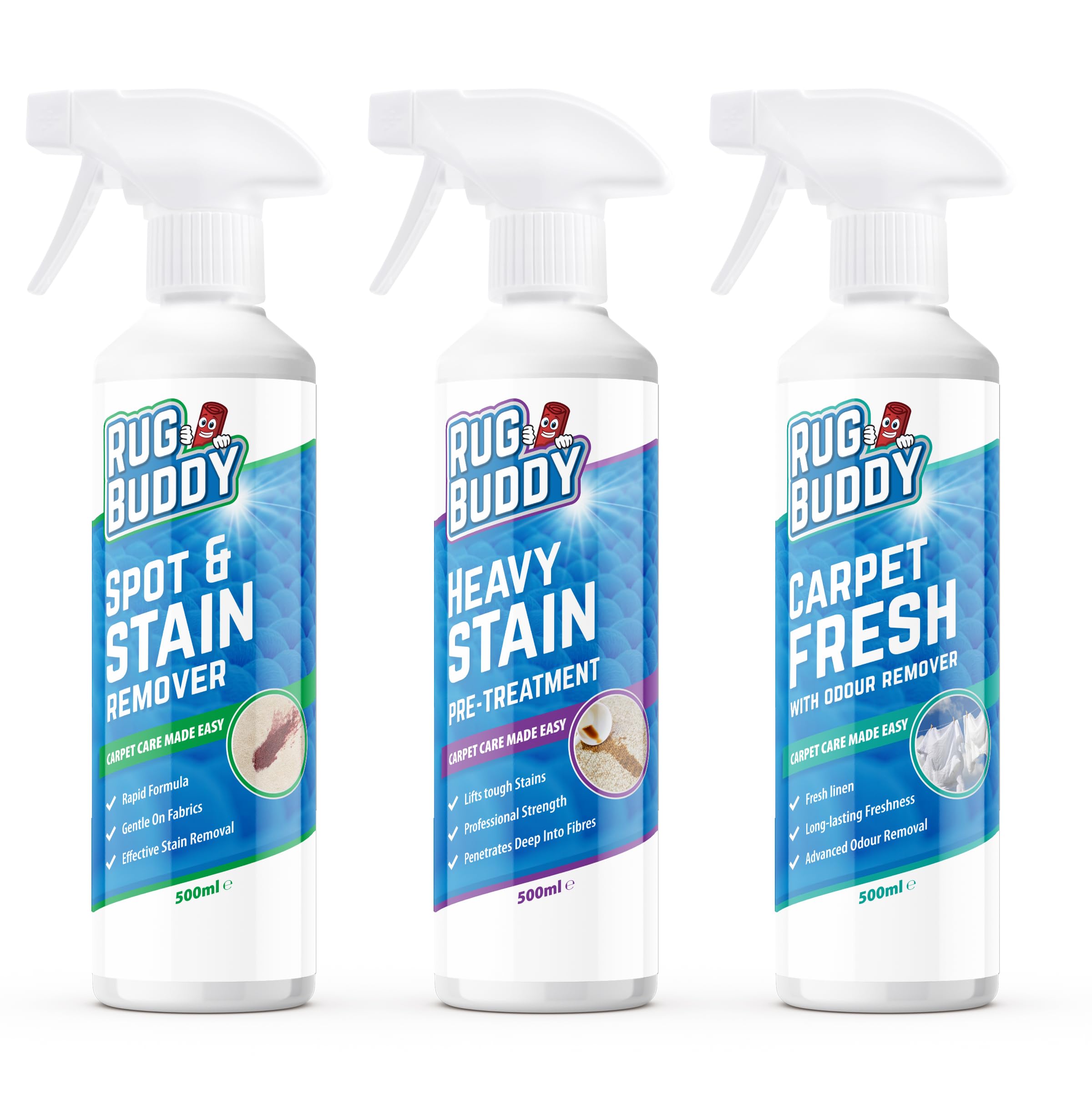 Rug Buddy - Carpet Care Cleaning Kit Bundle - Includes Heavy Stain Pre Treatment, Spot Stain Remover & Carpet Fresh with Odour Remover - Suitable for Fabric & Upholstery (3x 500ml)