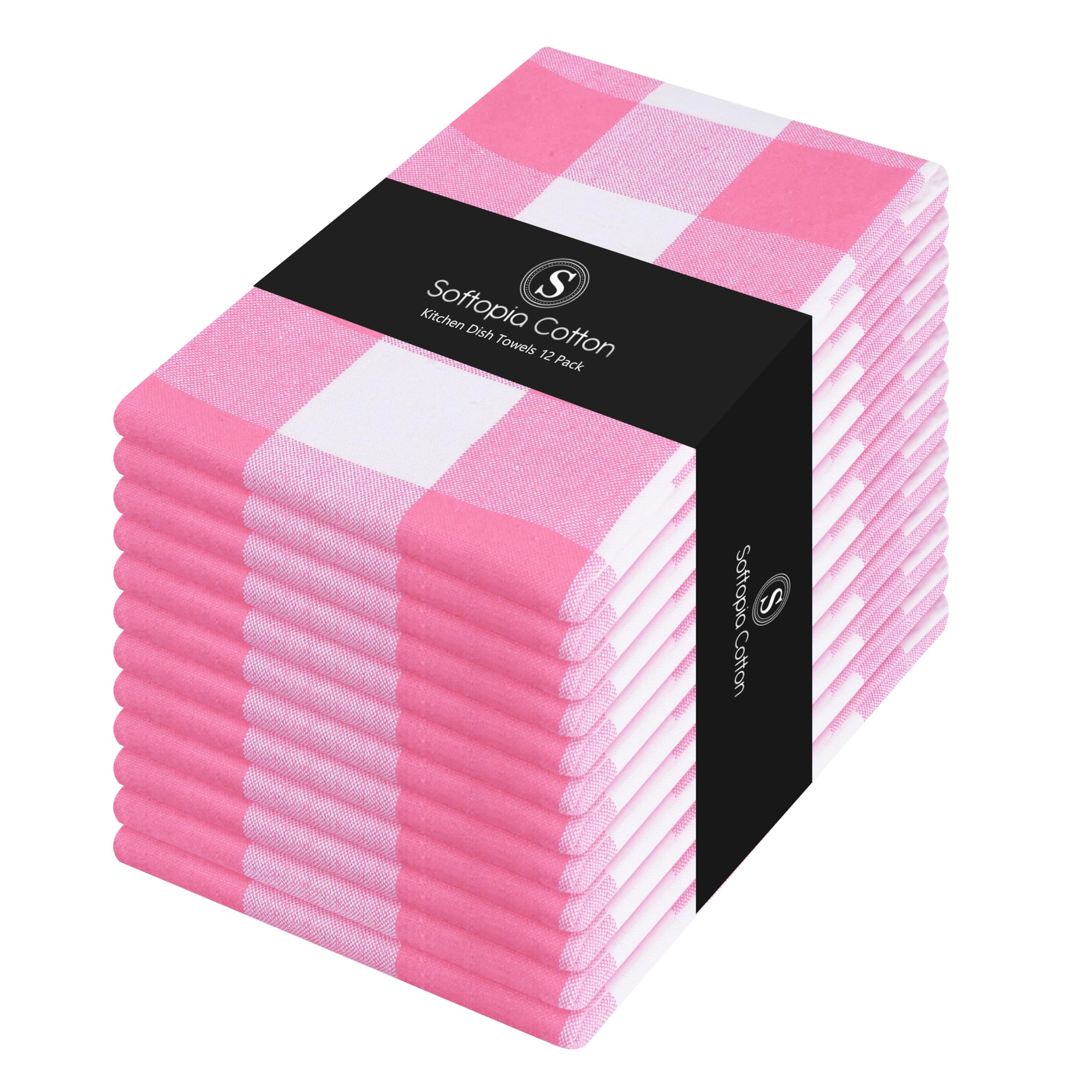 Buffalo Check 12 Pack Kitchen Towels, 16"x26", Plaid Dish Towels, 100% Cotton, Absorbent, Washable, Everyday Kitchen Essentials, Soft Cloths for Cleaning, Drying Hands, Pink White
