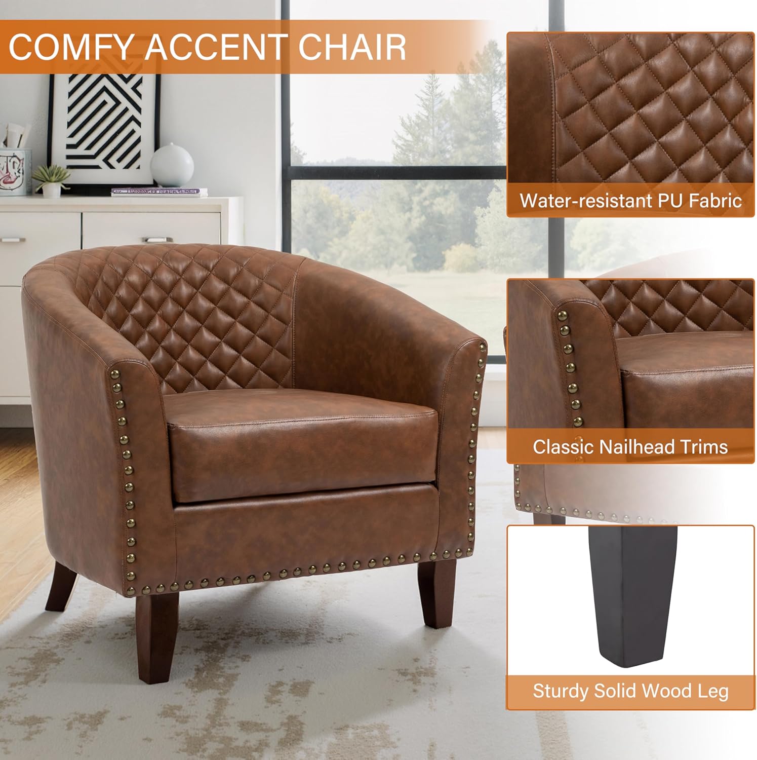 Lumibee Faux Leather Barrel Chairs, Upholstered Accent Chair Armchair for Living Room, Comfy Single Club Chair with Nailhead Trim and Strudy Legs, Brown