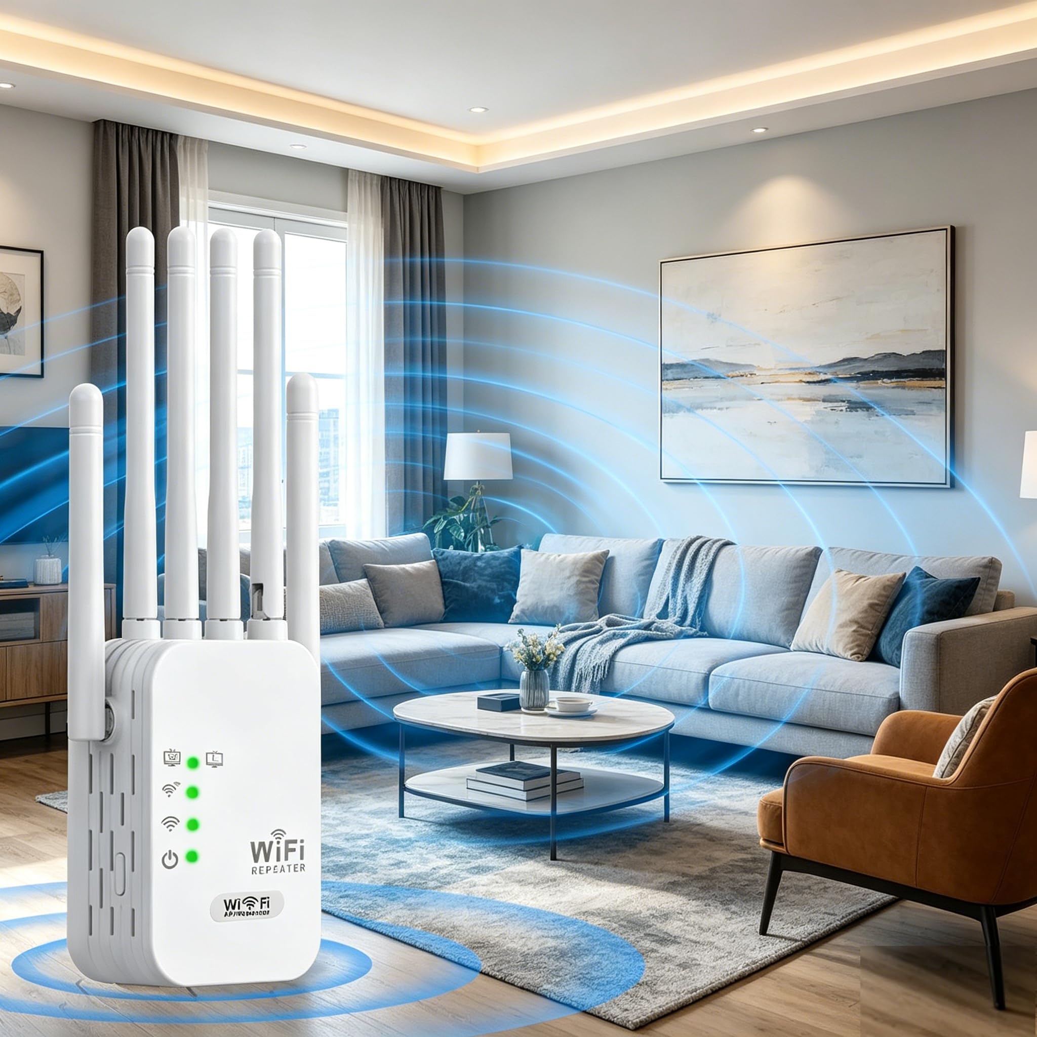 Répéteur WiFi Puissant, 1200 Mbps amplificateur WiFi de dernière Technologie avec6 antennes Couvrant Une superficie de10 000 m²,2 Ports LAN,répéteur WiFi pour la Maison et Le Bureau（Blanc）