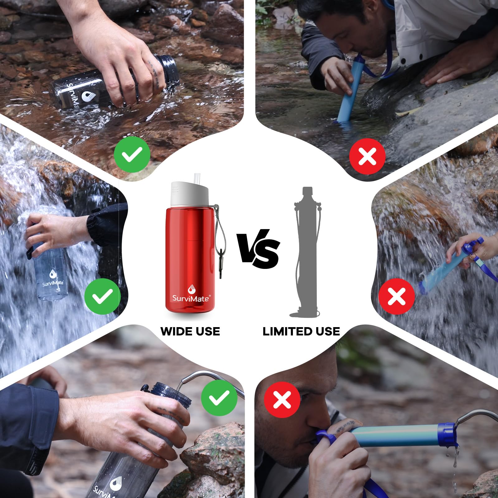 SurviMate 5-stufige 0,01 μm Ultra-Filtrations-gefilterte Wasserflasche, BPA-freies Material, NSF/ANSI 42 & 372 zertifiziert, tragbare Wasserfilterflasche für Survival, Camping, Wandern und Notfall