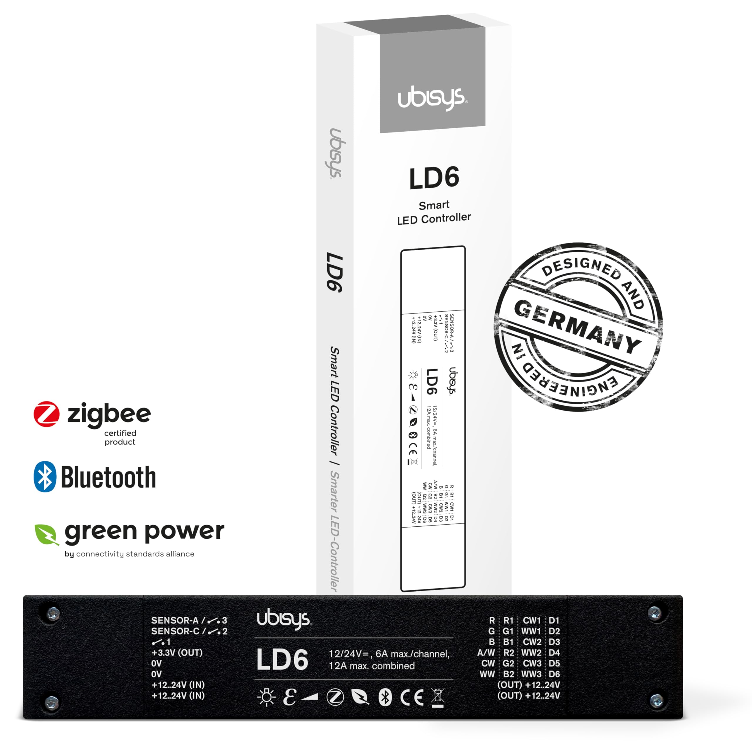 ubisys LED Controller LD6: Zigbee/Bluetooth, 12/24 V, RGBW, Tunable White or Monochrome, up to 6 Lights, 160x30,9x10 mm - Image 2