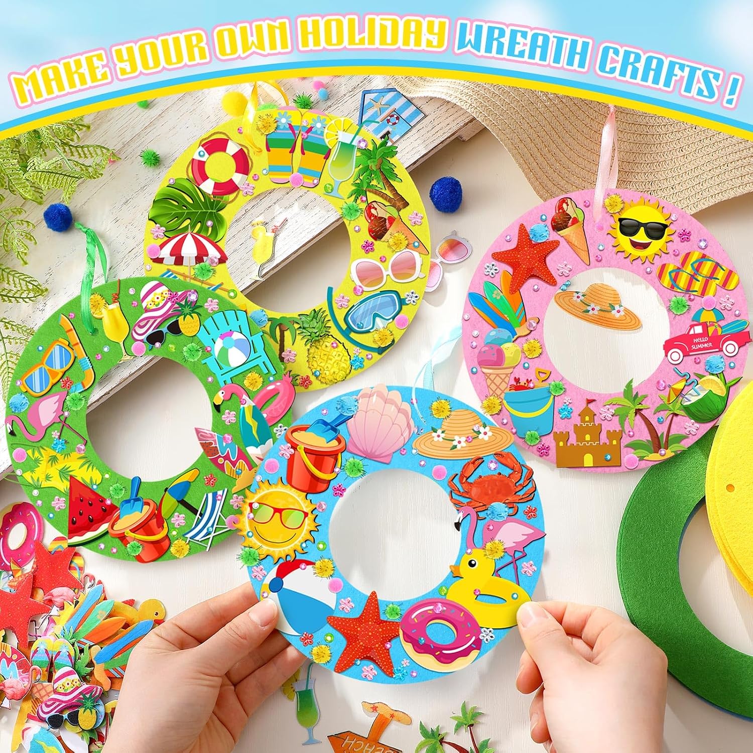 32 Sets Summer Hawaii Crafts Kits DIY Felt Wreath Making Kits Tropical Beach Crafts with Flamingo Palm Pineapple Watermelon Surfboard Stickers for Party Decorations Home