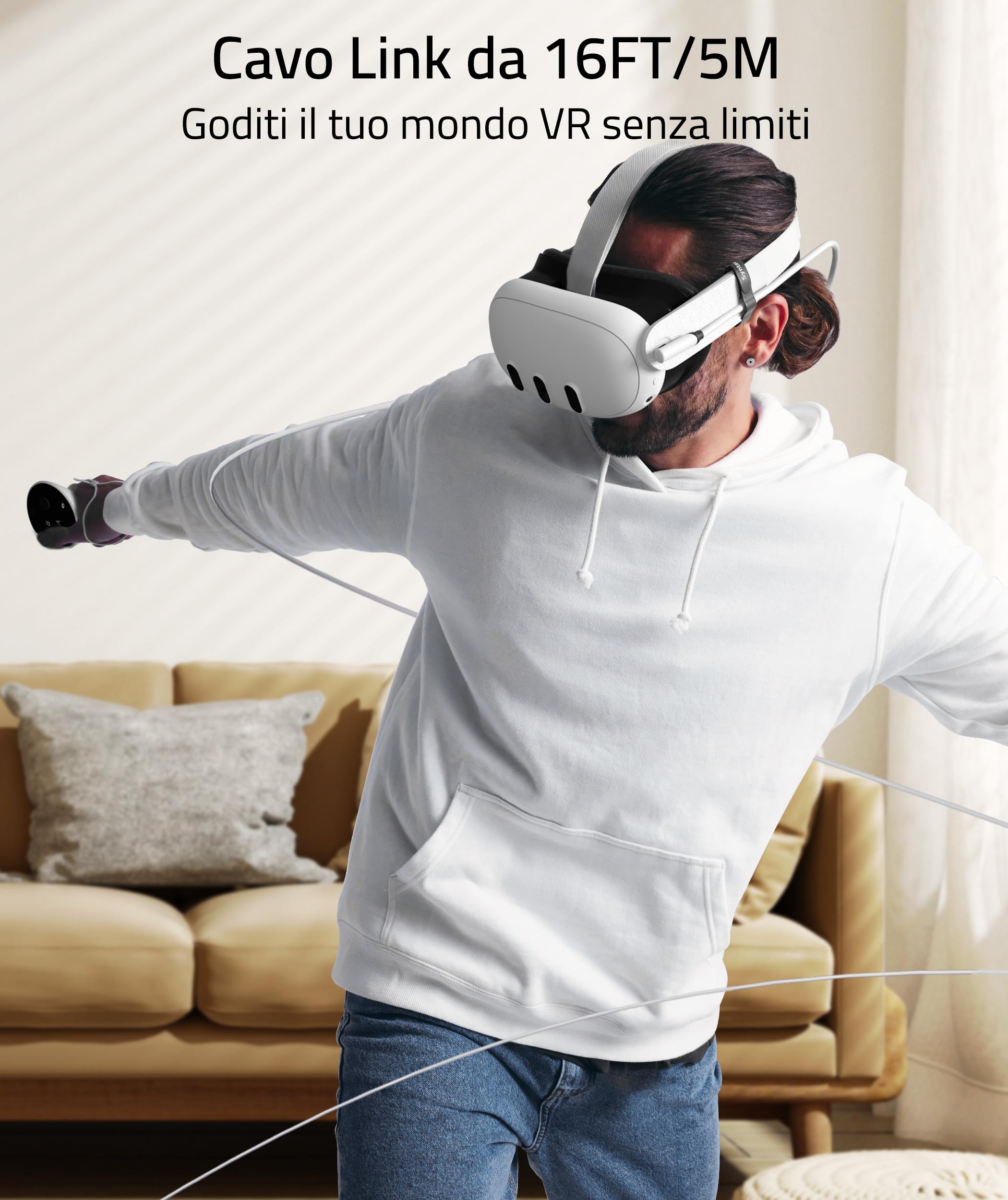 Syntech Cavo Link Compatibile con Oculus/Meta Quest 3/Quest 3S/Quest2/Pro/Pico 4 Accessori and PC/SteamVR, Cavo di Tipo C da 5m/16FT con USB 3.0, Trasferimento Dati ad Alta Velocità per Cuffie VR