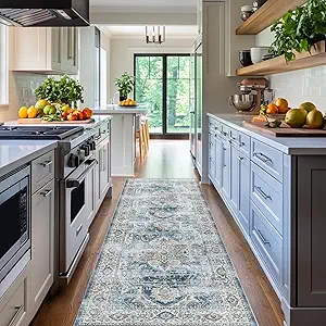 Madane Runner Rug 2'6''x8' Kitchen Runner, Hallway Runner Printed Vintage Washable Rugs Soft Non-Slip Low Pile Runners for Hallways Laundry Room Distressed Floor Carpet, Navy