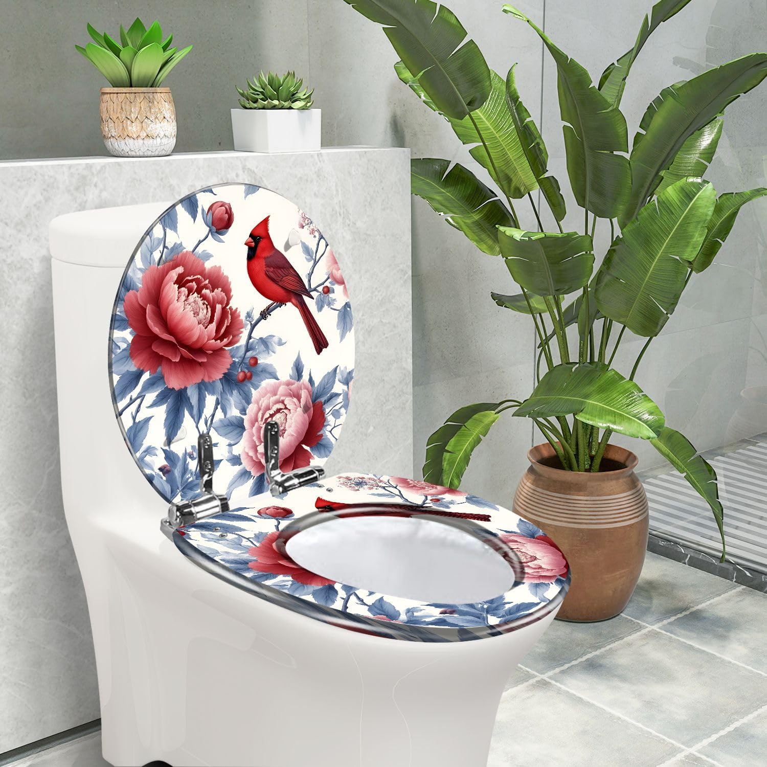 Round Toilet Seat Red Cardinal Bird Branch Peony Flowers Blue Pink Botanical Resin Toilet Seat with Quietly Close Quick Release Hinges Replacement Toilet Seat with Cover Easy to Clean and Install