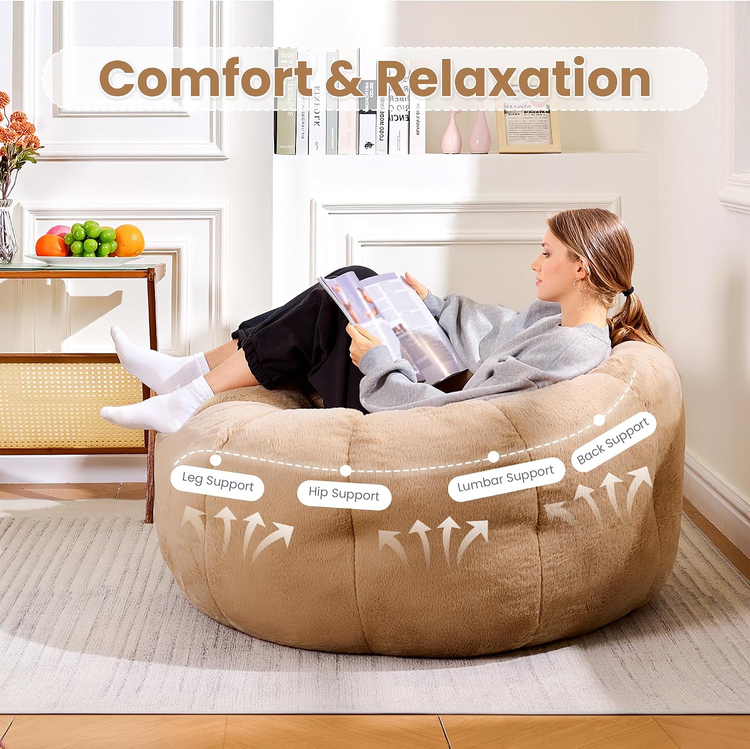 Flower Bean Bag Chair for Teens and Young Adults, Soft Faux Fur Floor Seating with Memory Foam, Aesthetic Room Decor Cozy Lounger for College Dorm, Khaki