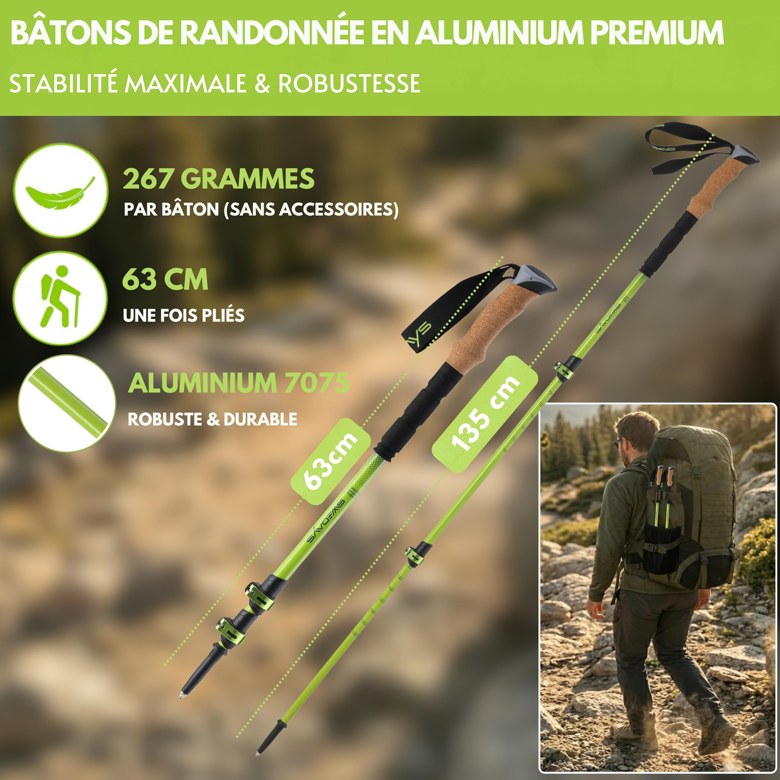 Bâtons de randonnée télescopiques pour Homme et Femme - Bâtons de Trekking légers et réglables de 63 à 135 cm - en Aluminium avec poignée en liège et Tampon en Caoutchouc