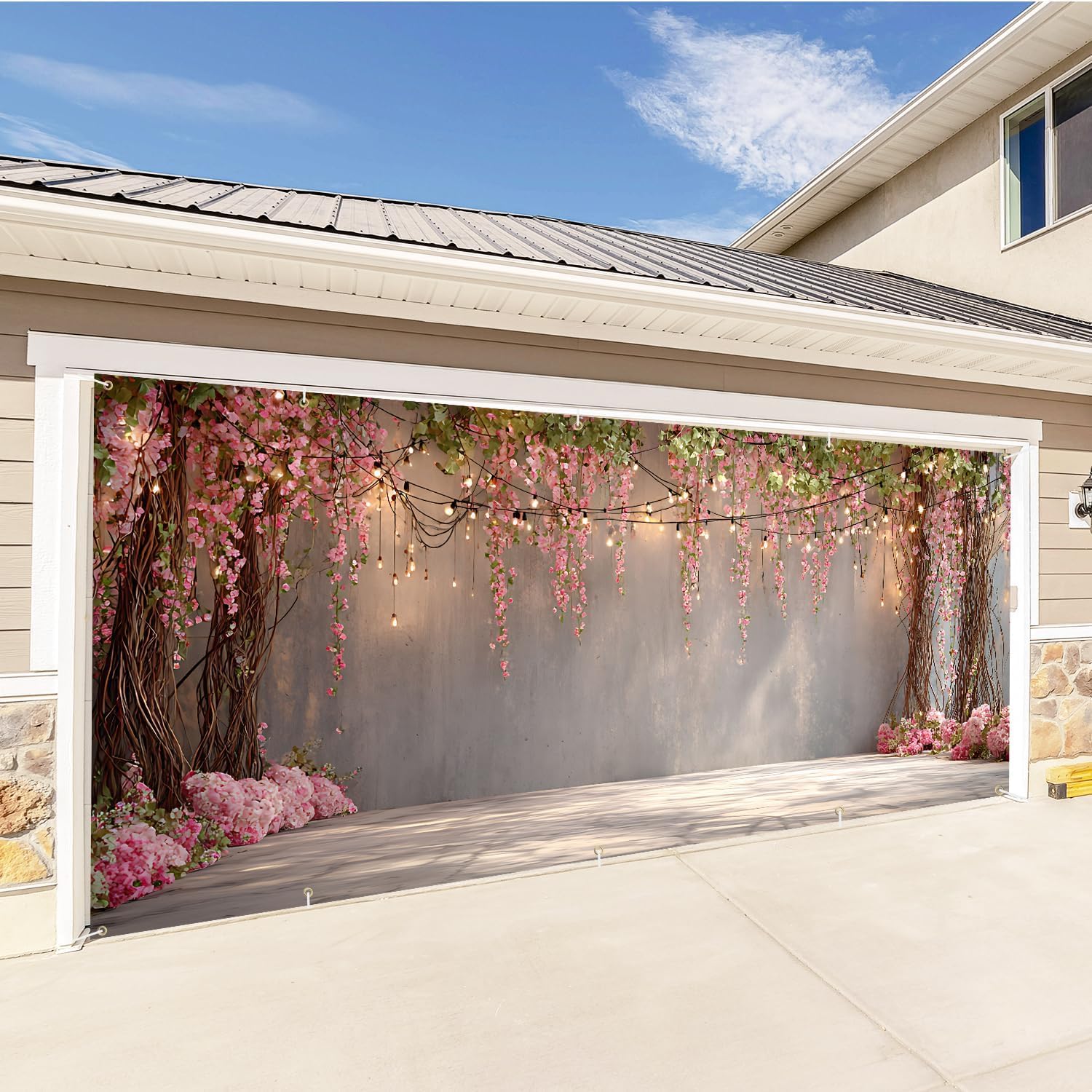 16x7Ft Romantic Pink Flower Vine Wall with Hanging Lights, Wedding & Party Garage Door Cover, Large 2 car Garage Door Cover Banner Decorations for Party,Home,Outdoor,Indoor