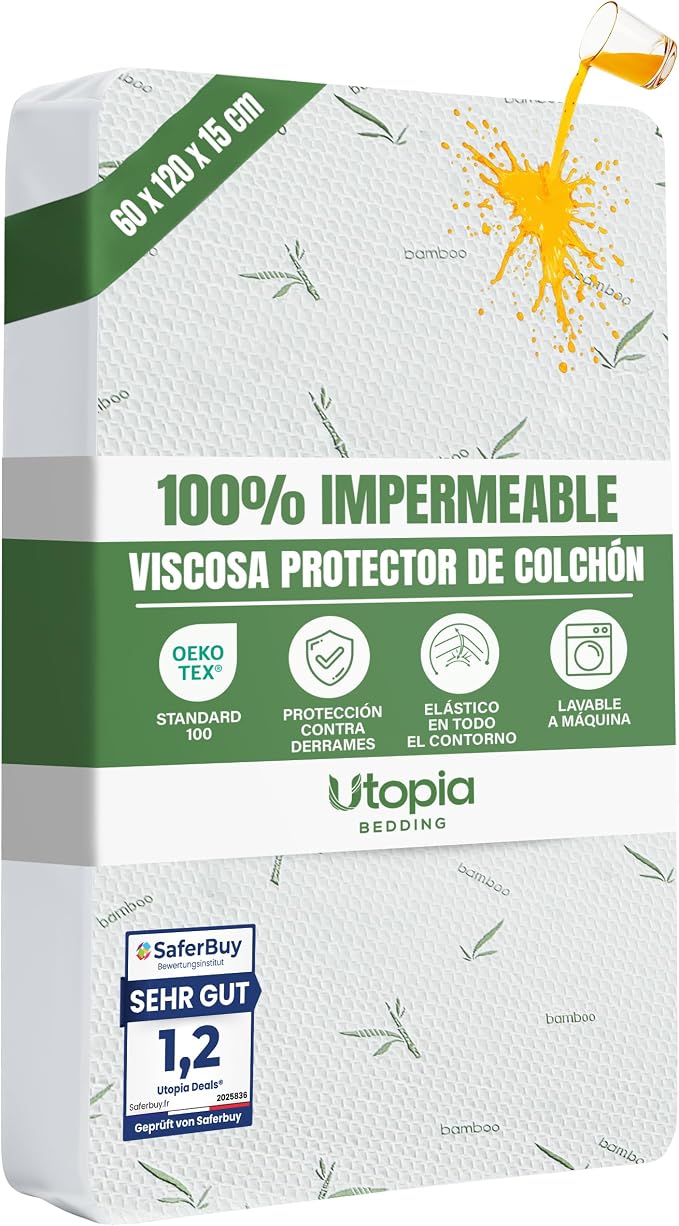 Utopia Bedding Protector de Colchón 60 x 120 x 15 cm Impermeable, Viscosa Premium, Certificación Oeko-Tex, Cubre Colchón Transpirable, Elástico En Todo