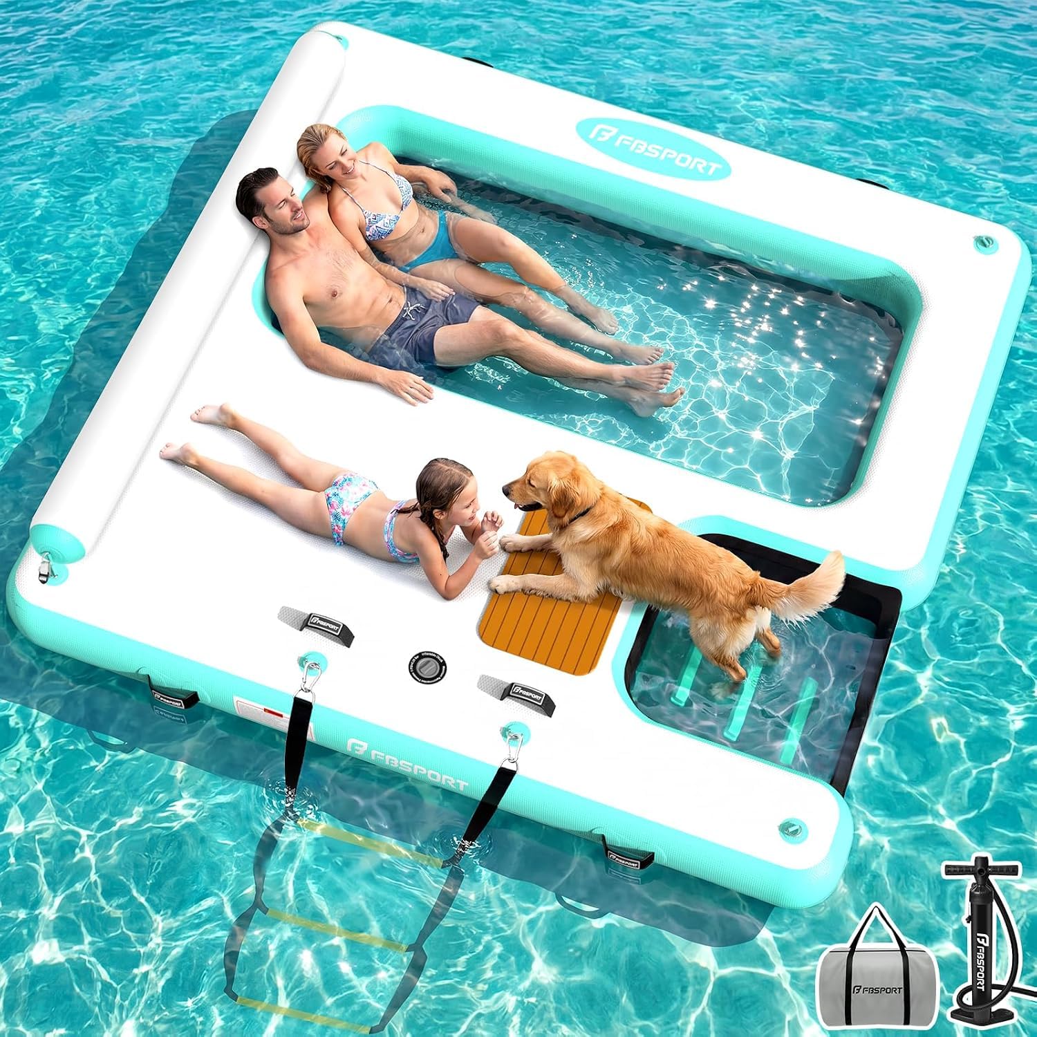Aufblasbarer Schwimmsteg, Große aufblasbare Schwimmplattform, aufblasbare Insel | 240×240cm hundefreundliche Schwimmplattform mit Hunderampe und Kopfstütze, Wasserfloß für Pool, See, Strand und Ozean