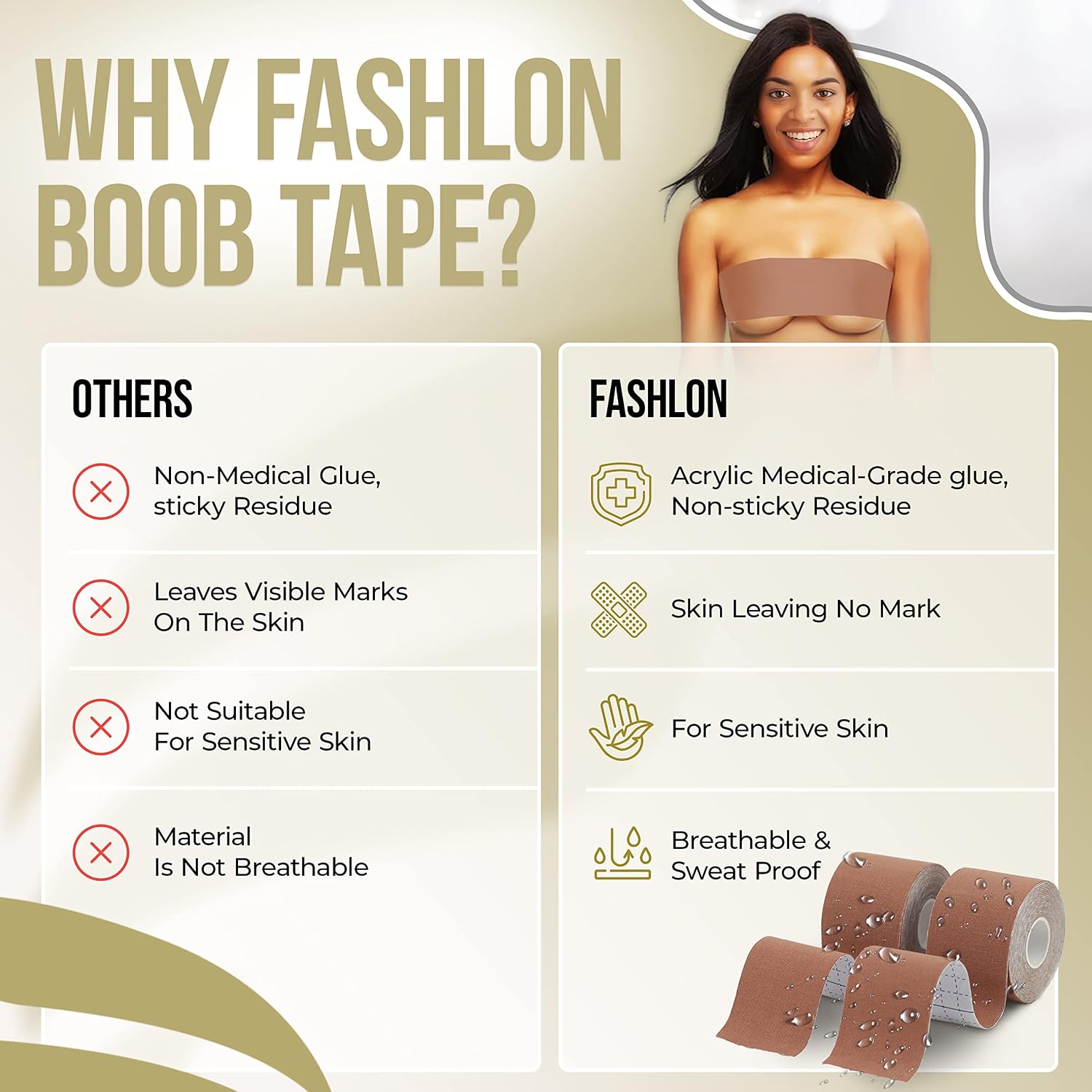 FASHLON 2-Roll Boob Tape (Light Coffee) & 2-Pair Silicone Nipple Covers (Dark Coffee) Bundle image 4