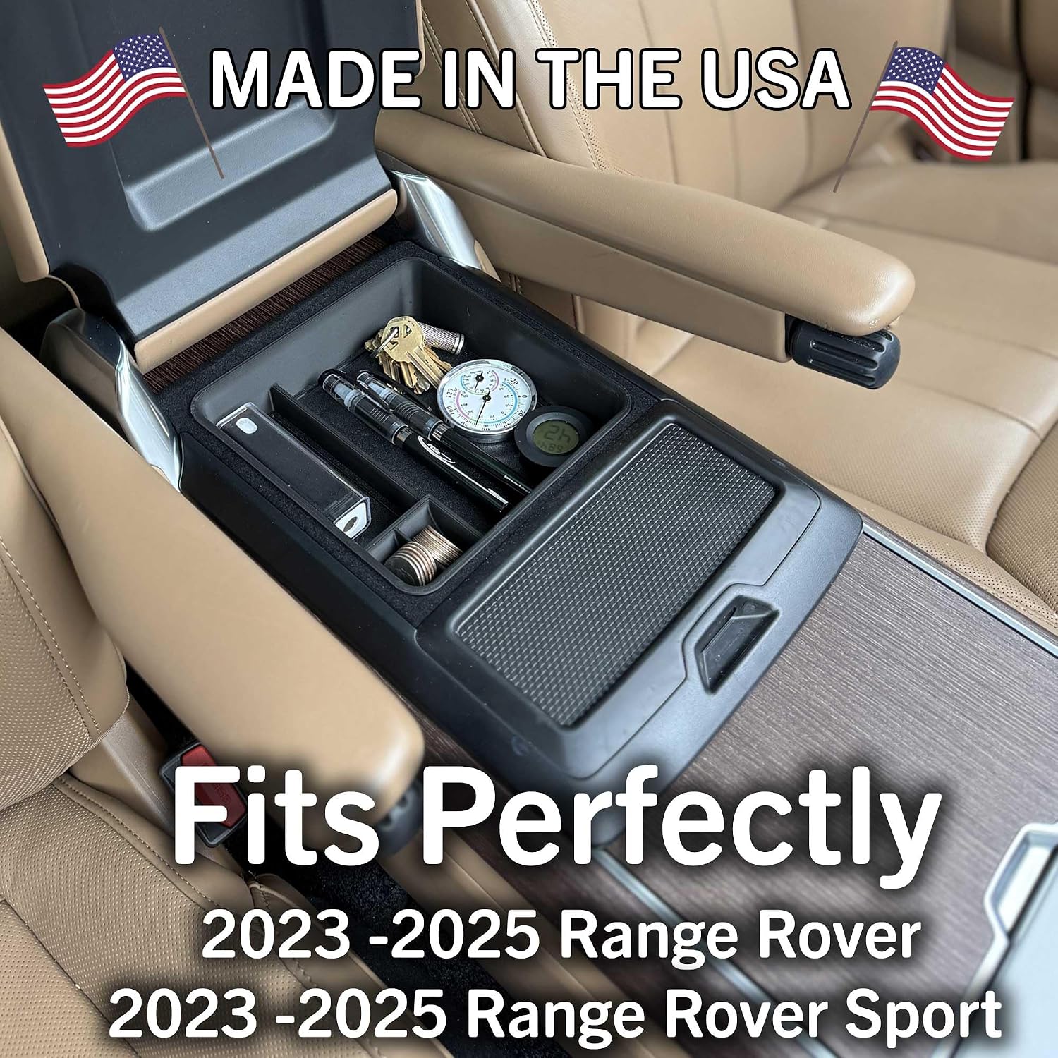 Armrest Organizer for 2023-2026 Range Rover & Range Rover Sport (WITHOUT Refrigerator (2023, 2024, 2025, 2026)), Made in USA, Interior Accessory Range Rover Organizer, Range Rover Accessory