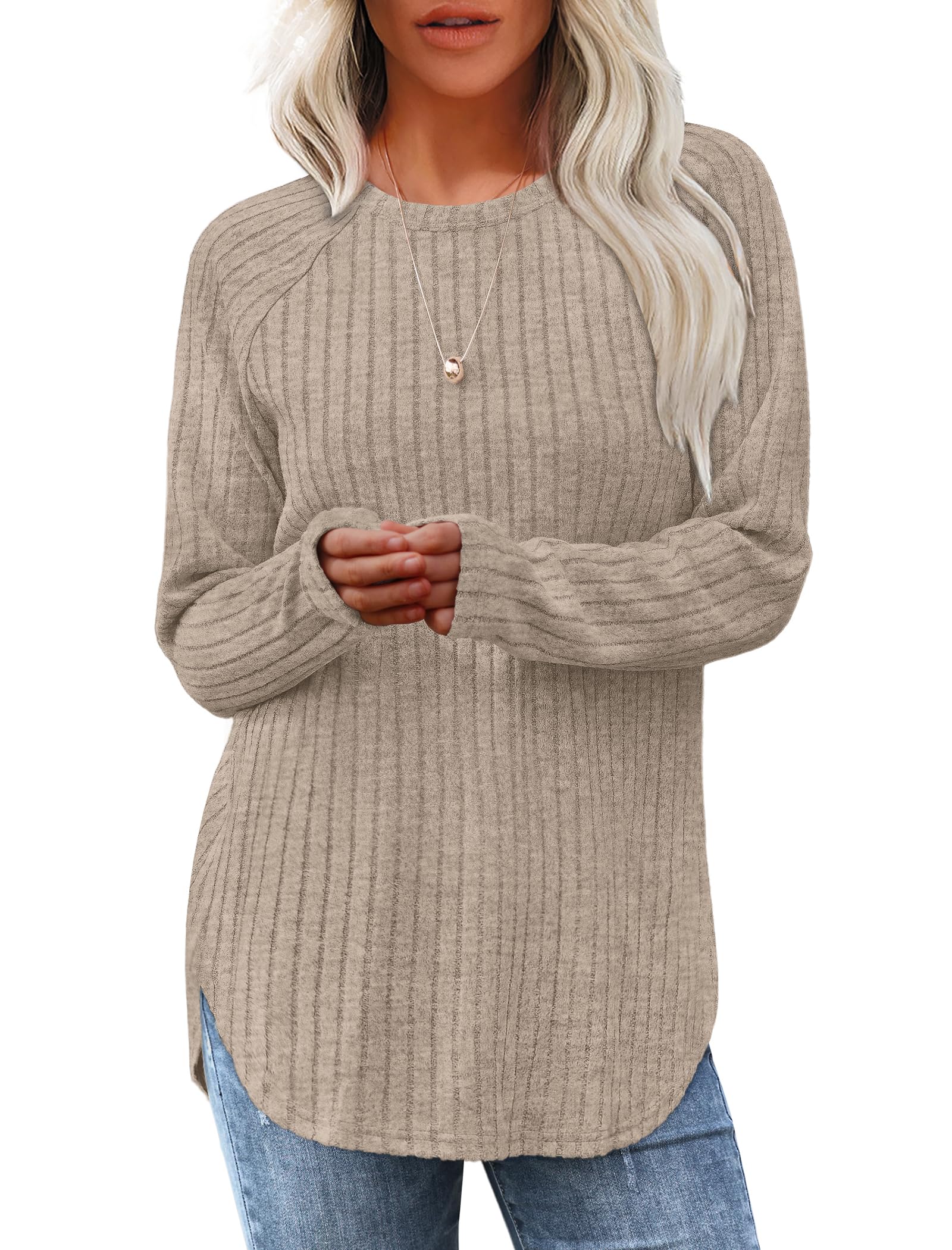 Saloogoe Long Sleeve Shirts for Women 2026 Fall Clothes Tunic Tops Loose Fit Dressy Crewneck Pullover Sweaters Curved Hem