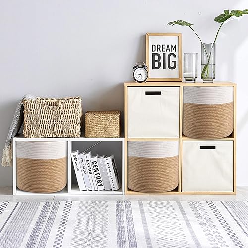 Miniatura 4 de Lamberia Paquete de 3 cestas de almacenamiento tejidas de 11 x 11 pulgadas, canastas organizadoras de almacenamiento tejidas de cuerda de algodón,
