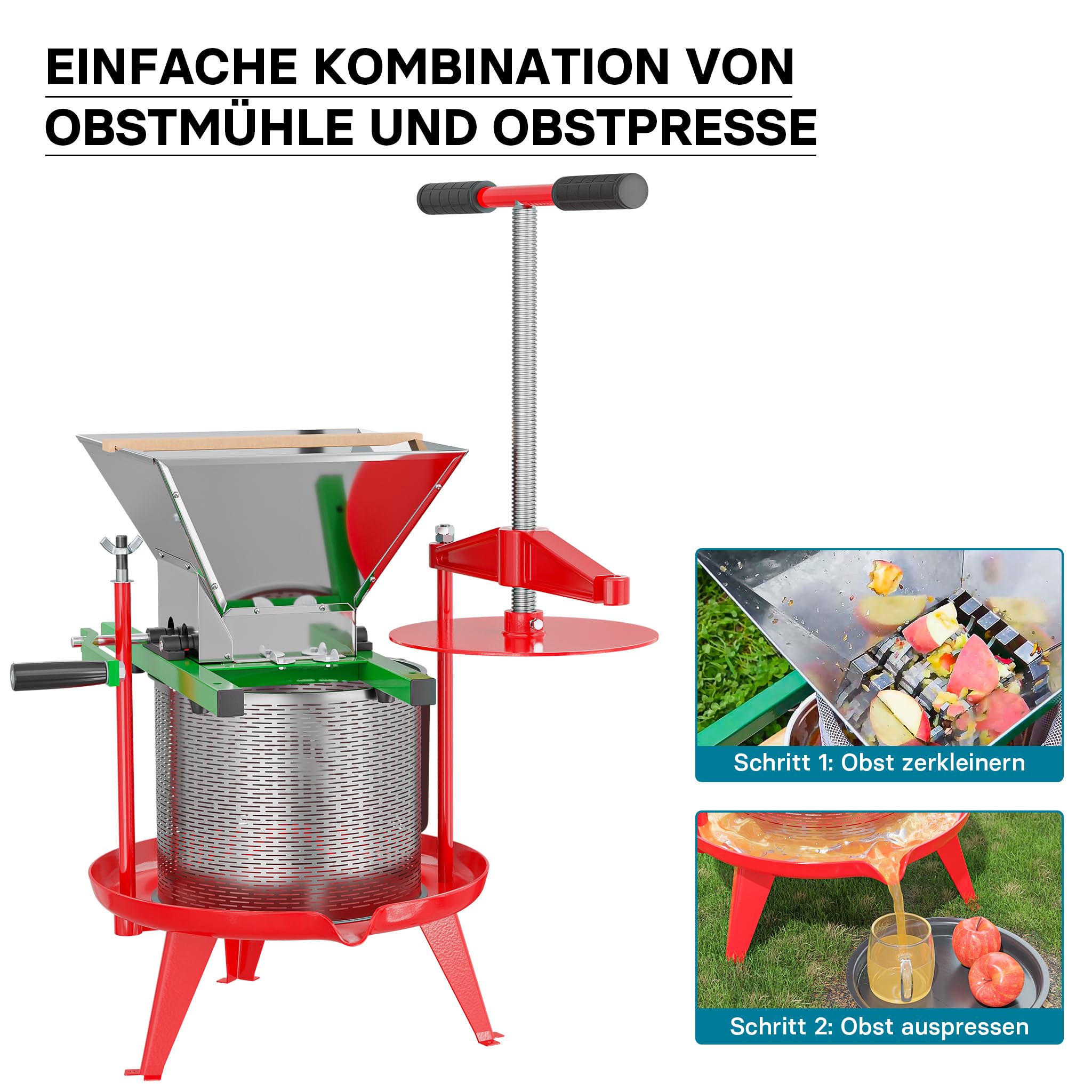 Wiltec Spindelpresse 14 L Obstpresse aus Edelstahl 66x58x47cm, einfach zu reinigen zum Herstellen von Apfelsaft Obstsaft Beerenpresse Weinpresse