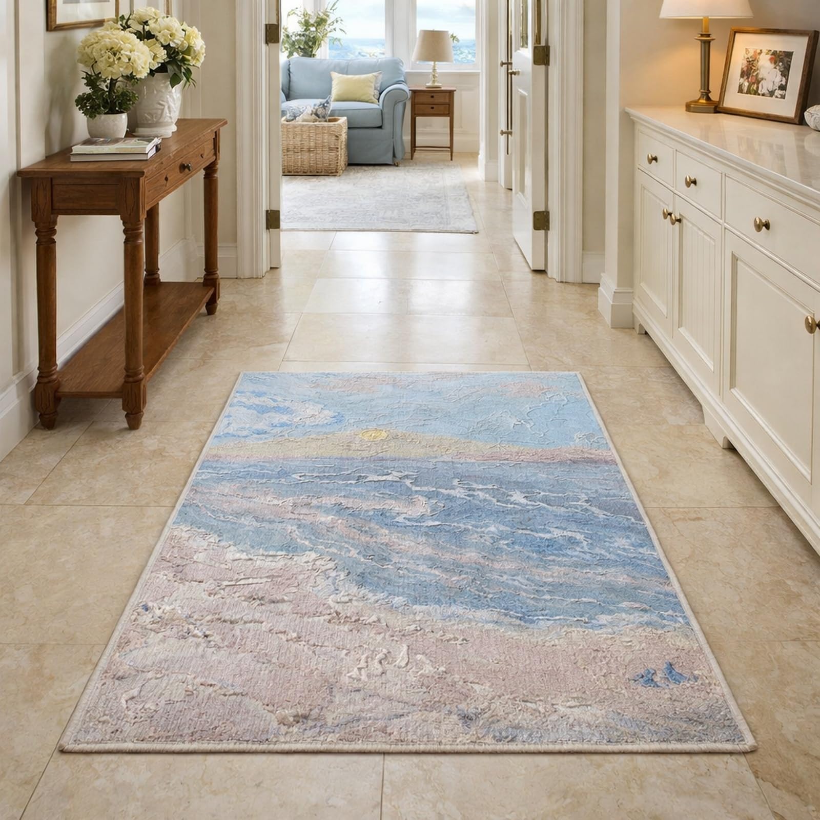 Tapis de salon bleu moderne et beige 80x110 cm