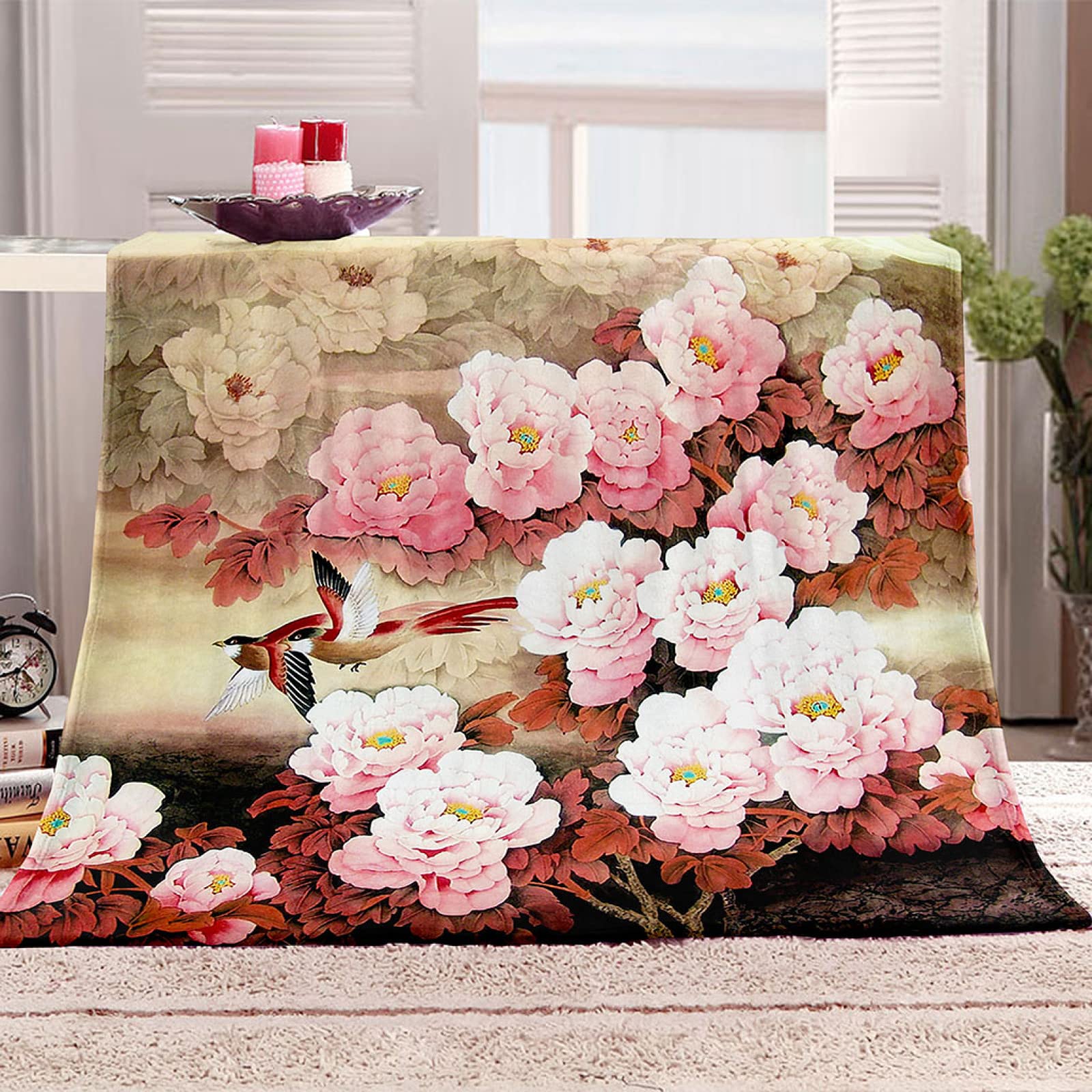 Couverture flanelle fleur rose oiseau 3D, une idée cadeau idéale pour lit et canapé