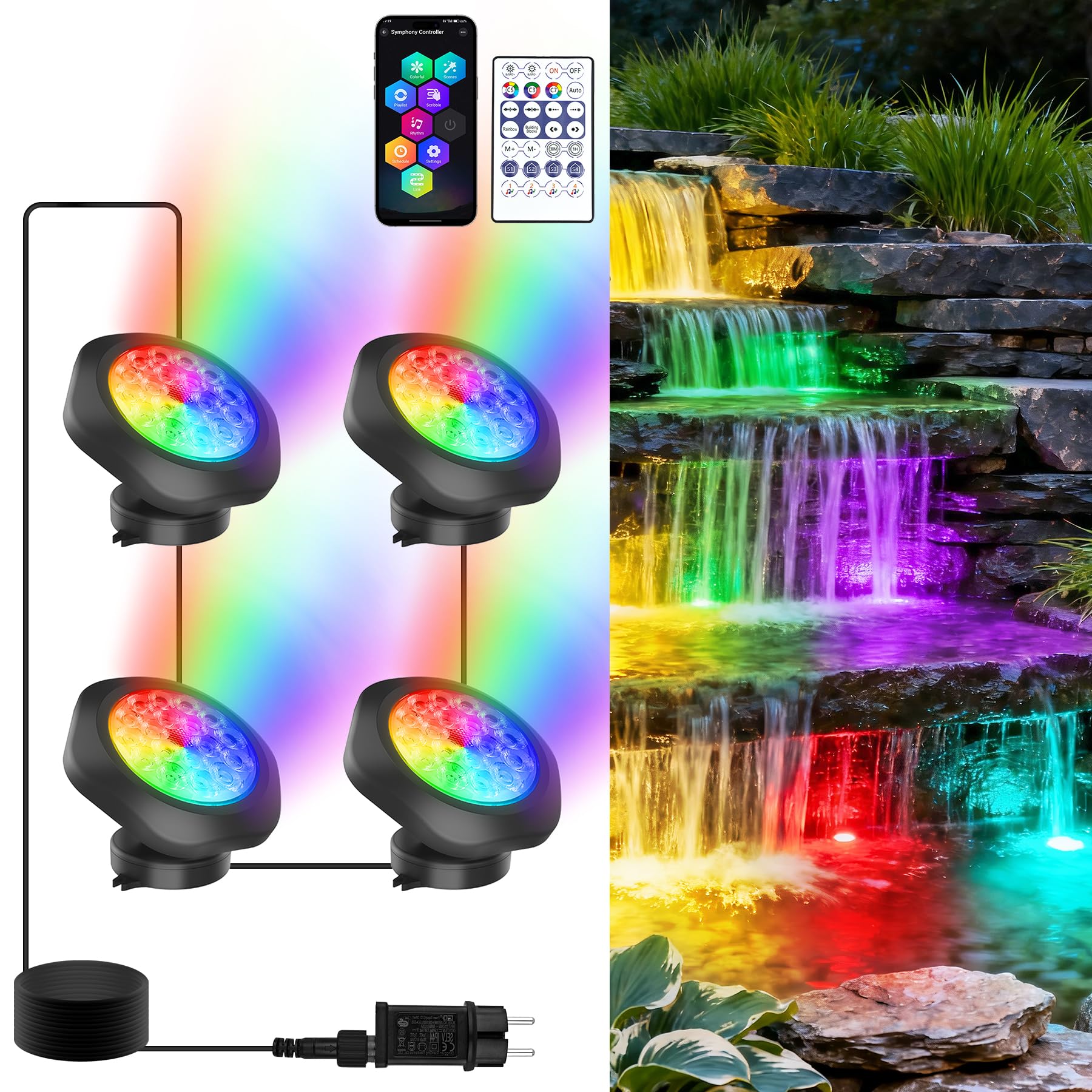 NATPOW Luci Sommergibili Piscina RGB, Luci per Laghetto con Picchetto Bluetooth Telecomando Controllabile, 5V Impermeabile IP68 Luce Subacquea per Acquari, Fontana, Laghetto, Giardino, 4 in 1