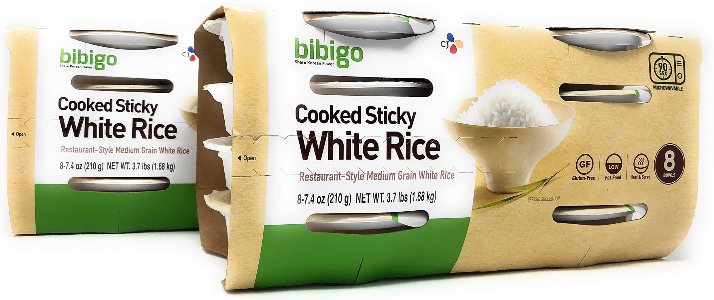 Bibigo Restaurant-Style Cooked Sticky White Rice - Pack of 2 Boxes - 8 Bowls at 7.4 oz each per Box (2 Cases, 16 Bowls Total)