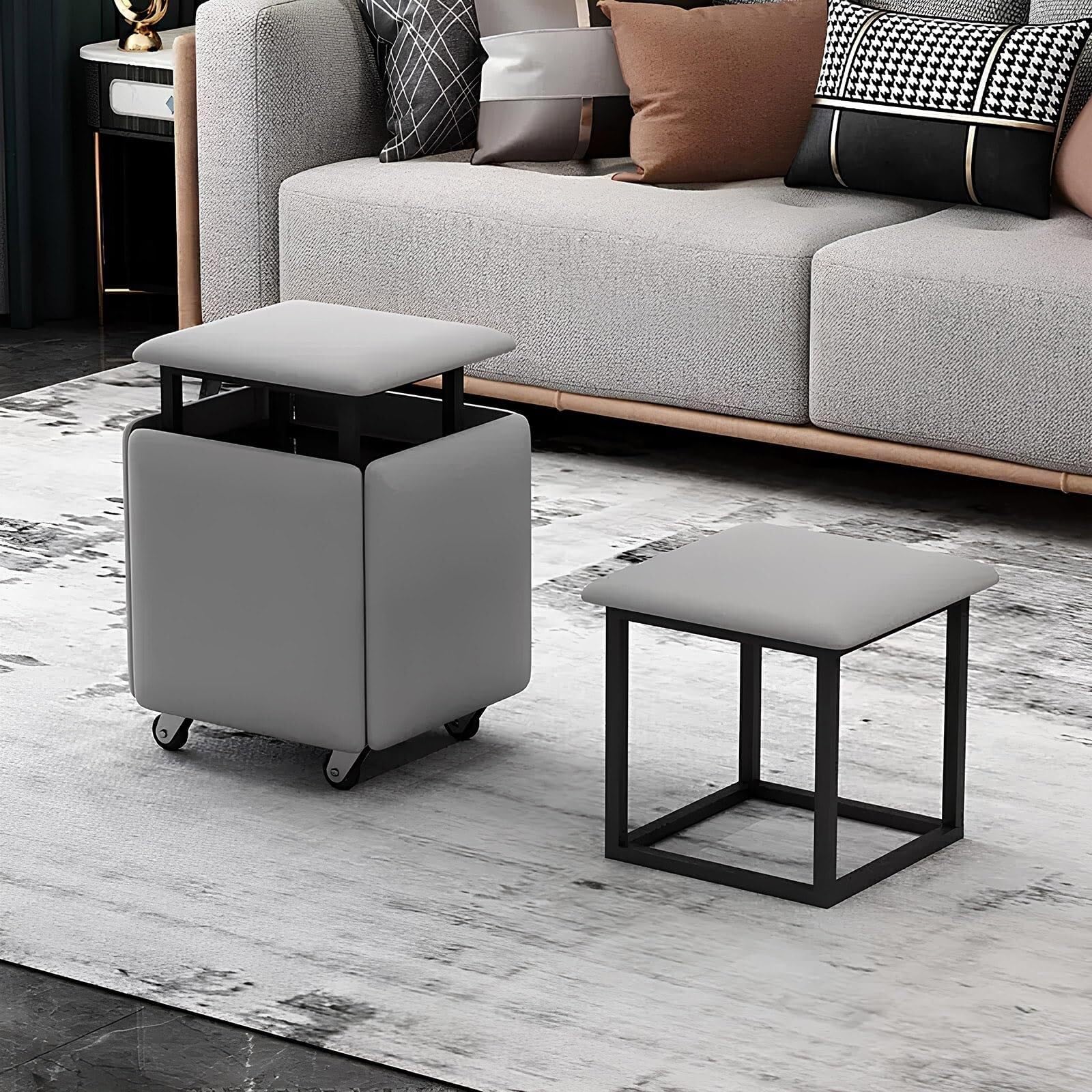 Tabouret ottoman empilable 5 en 1 en cuir gris compact pour un salon moderne
