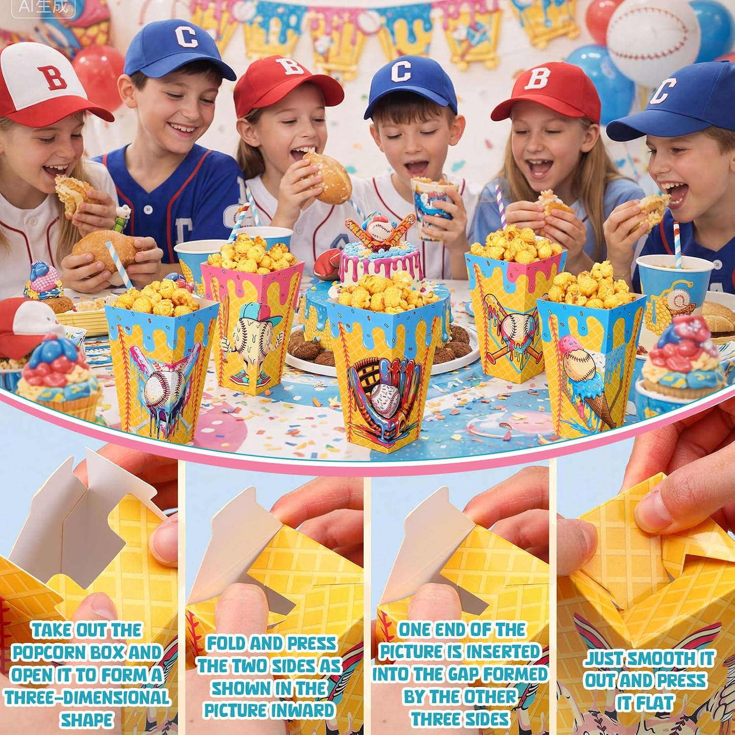 25 Pcs 46 oz Ice Cream Drip Baseball Party Supplies Large Popcorn Box Bulk