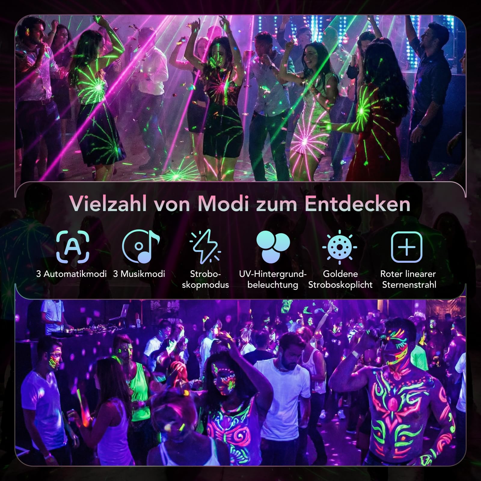 Tomshine 5-in-1 DMX Partylicht, 150+ Lichteffekt-Kombinationen & 15 Farben Magic Ball, 12x UV Schwarzlicht & 2x Goldene Stroboskop, Roter Stern-Strahl, Musikgesteuert Discolicht für Club, DJ
