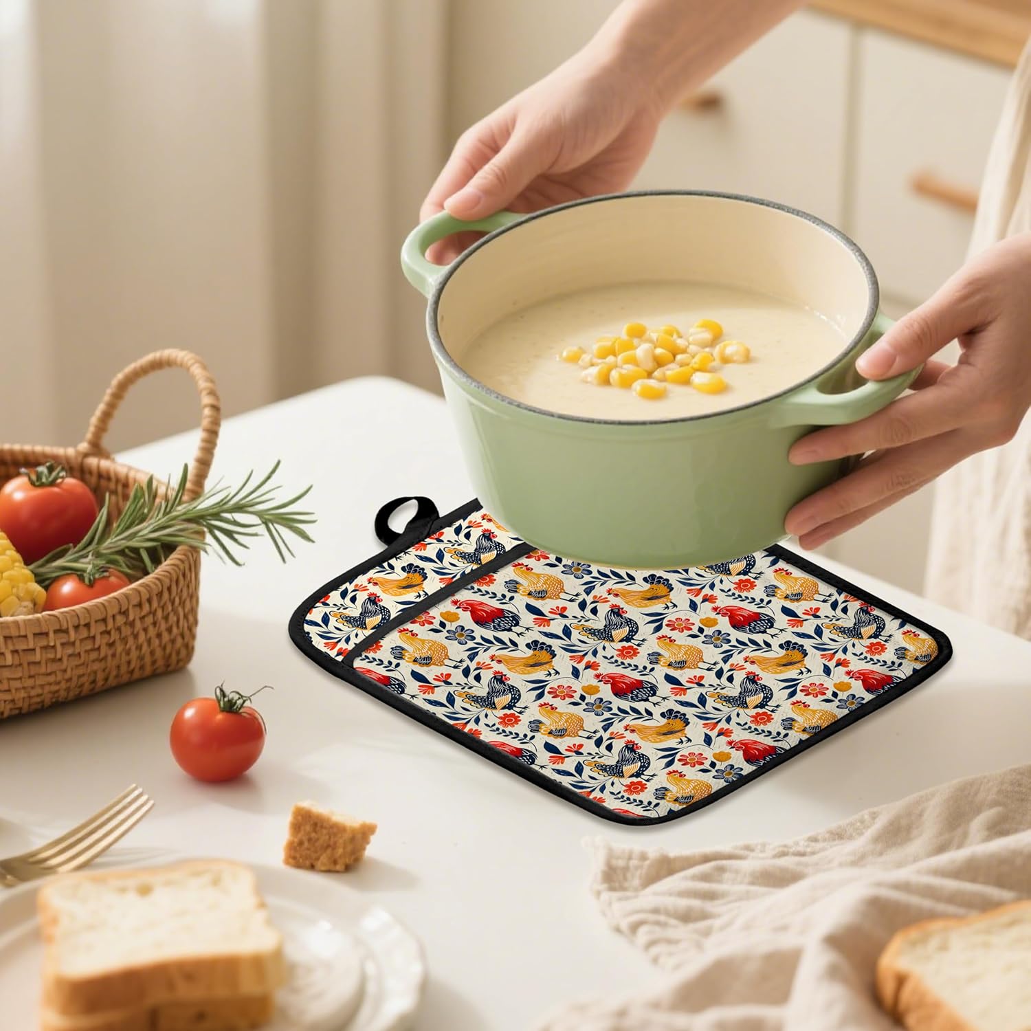 Boho Floral Chicken Pot Holders 2 Pack Set, Chicken Lover Mom Lady Gifts, Rustic Farmhouse Rooster Hen Heat Resistant Oven Hot Pads for Kitchen Cooking BBQ Countertop Baking，081 Potholder - Image 4