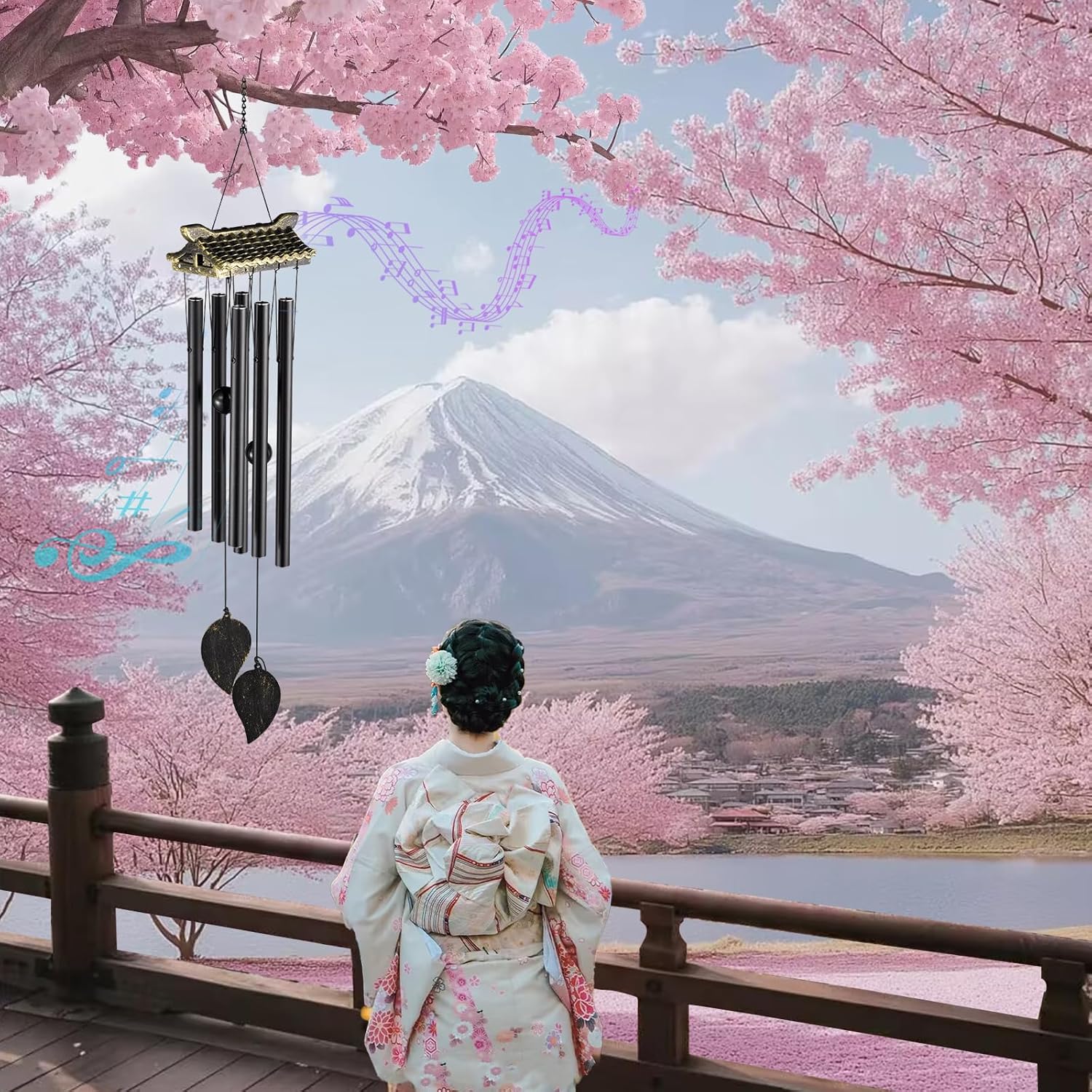 Carefree Fish Wind Chime Use Musical Wind Bell Tubes 31Inch Asian Style Family Love Garden Decor Japanese Cherry Blossom （Patent No.: US D1,104,819 S） - Image 4