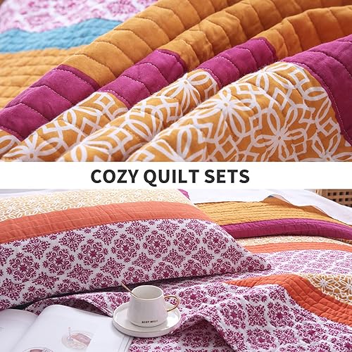 Vista 44 de PERHOM Juego de edredón tamaño Queen – Juego de ropa de cama 100% algodón, colcha ligera reversible de retazos florales para cama Queen, gris Gris