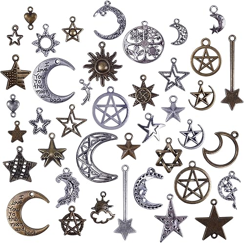 Miniatura 4 de BronaGrand Colgantes de 3.53 onzas (aproximadamente 73 piezas) mezclados con sol, luna, estrella, dije celestial antiguo para pulseras, collares,