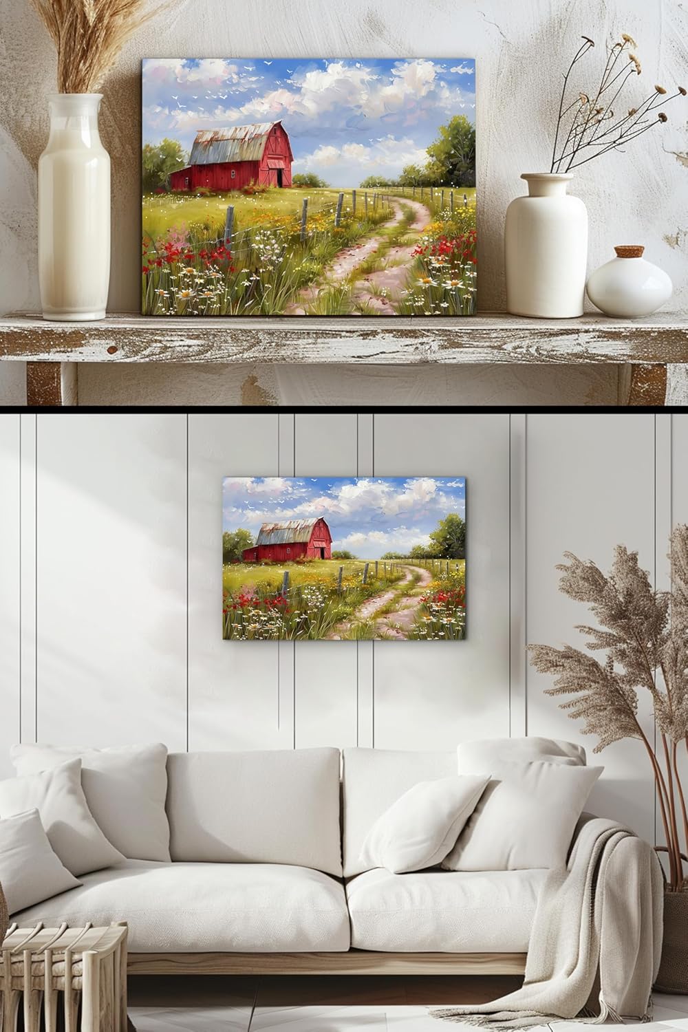 Red Barn Pictures Wall Art - Farmhouse Wall Decor, Country Road Wildflowers Canvas Art Framed for Bedroom Decor, Rustic Flower Painting Print, Modern Barn Landscape Artwork for Wall Decor 18x12 Inch