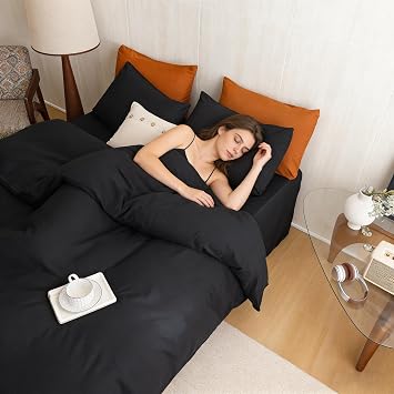KAREVER Black Comforter King Washed Cotton 3 PCs 100% Cotton Bedding Set Black King Size Comforter Set