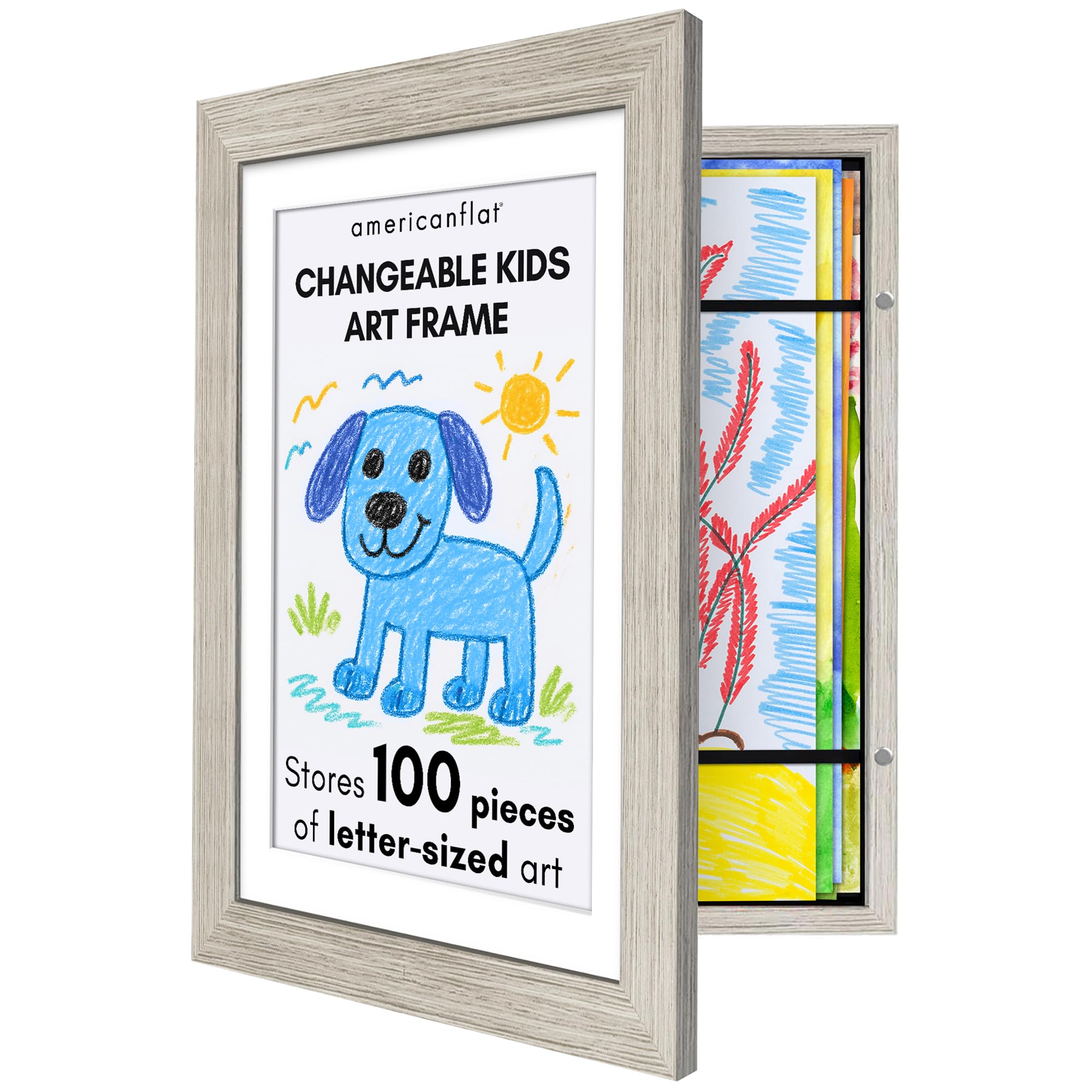 Americanflat Kids Artwork Frame Changeable (Driftwood) - Magnetic Door Holds 100 Art Pieces - 8.5x11 Letter Size Display with Mat or 10x12.5 Without Mat - My Mini Masterpiece