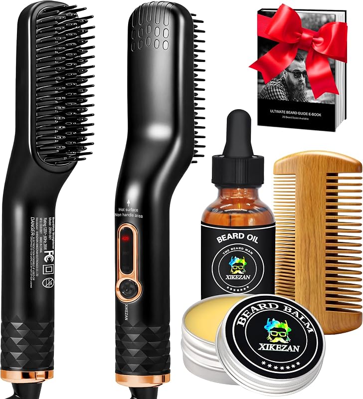 Beard Straightener for Men w/Beard Oil, Balm, Comb & E-Book for All Beard Type,w/Dual Voltage Travel-Friendly,Auto Shut-Off,Anti-Scald Feature Heated Straightening Brush Kit,Unique Gifts for Men Him