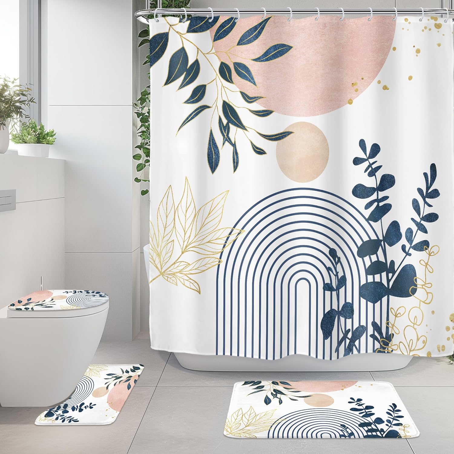 Riyidecor Boho Pink Navy Blue 4Pcs Shower Curtain Set with Toilet Lid Cover and Non-Slip Rugs, Mid Century Modern Minimalist Bathroom Decor Set，Abstract Contour and Bath Mat with 12 Hooks