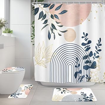 Boho Pink Navy Blue Non-Slip Mid 4Pcs Bathroom Shower Curtain Set with Rugs | 72"W x 72"H Abstract Century; waterproof print, soft rugs, quick-dry curtain and free hooks.