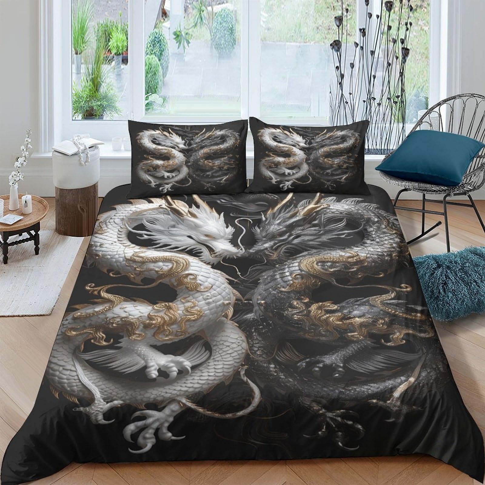 Ctjqhvkz Style-5 3D Printed Black White Dragon Fitted Sheet Microfiber Soft Non-Slip Asian Myth Mattress Cover For Bedroom Home Decor Single（135X200cm）