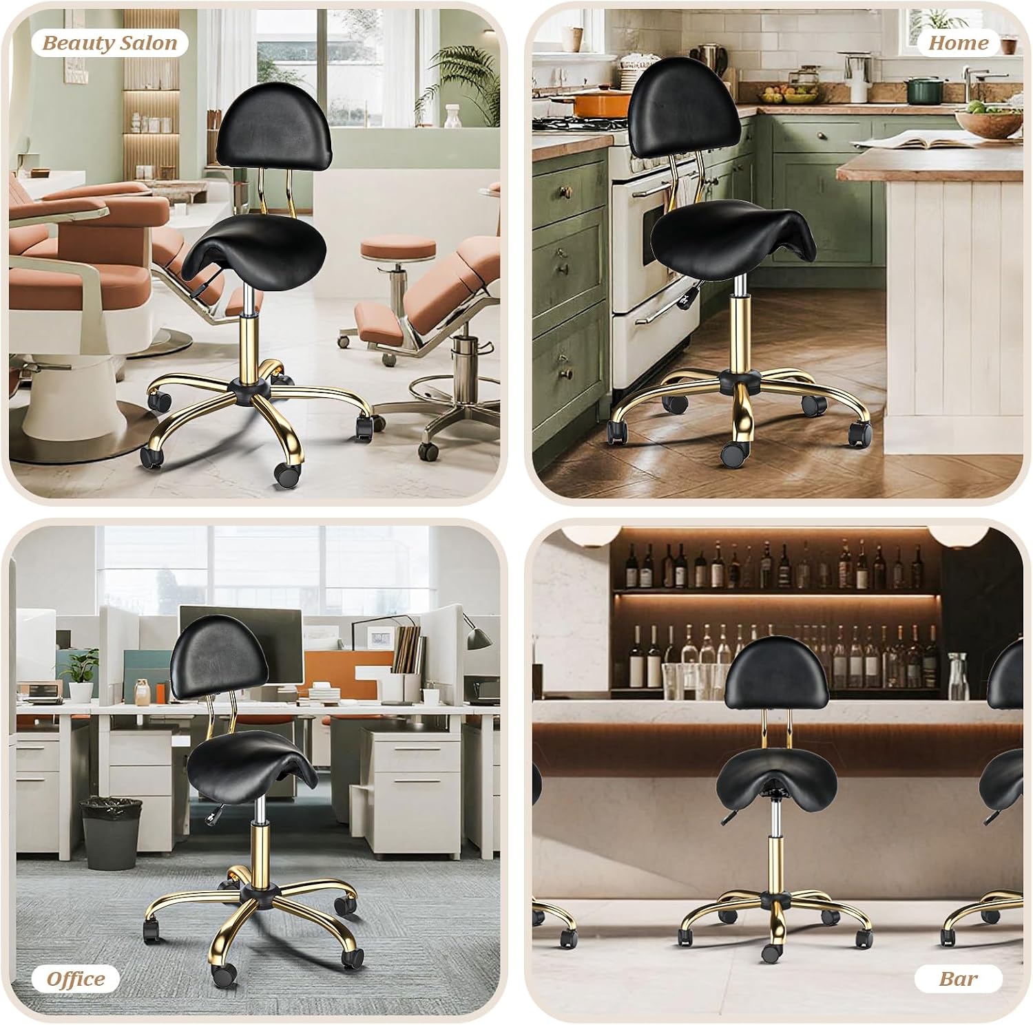 OmySalon Drafting Chair,Ergonomic Saddle Stool with Back Support,Tall Adjustable Rolling Stool with Thick Seat Cushion, Office Computer Chair for Salon Barber Spa Home Bar, Black Gold
