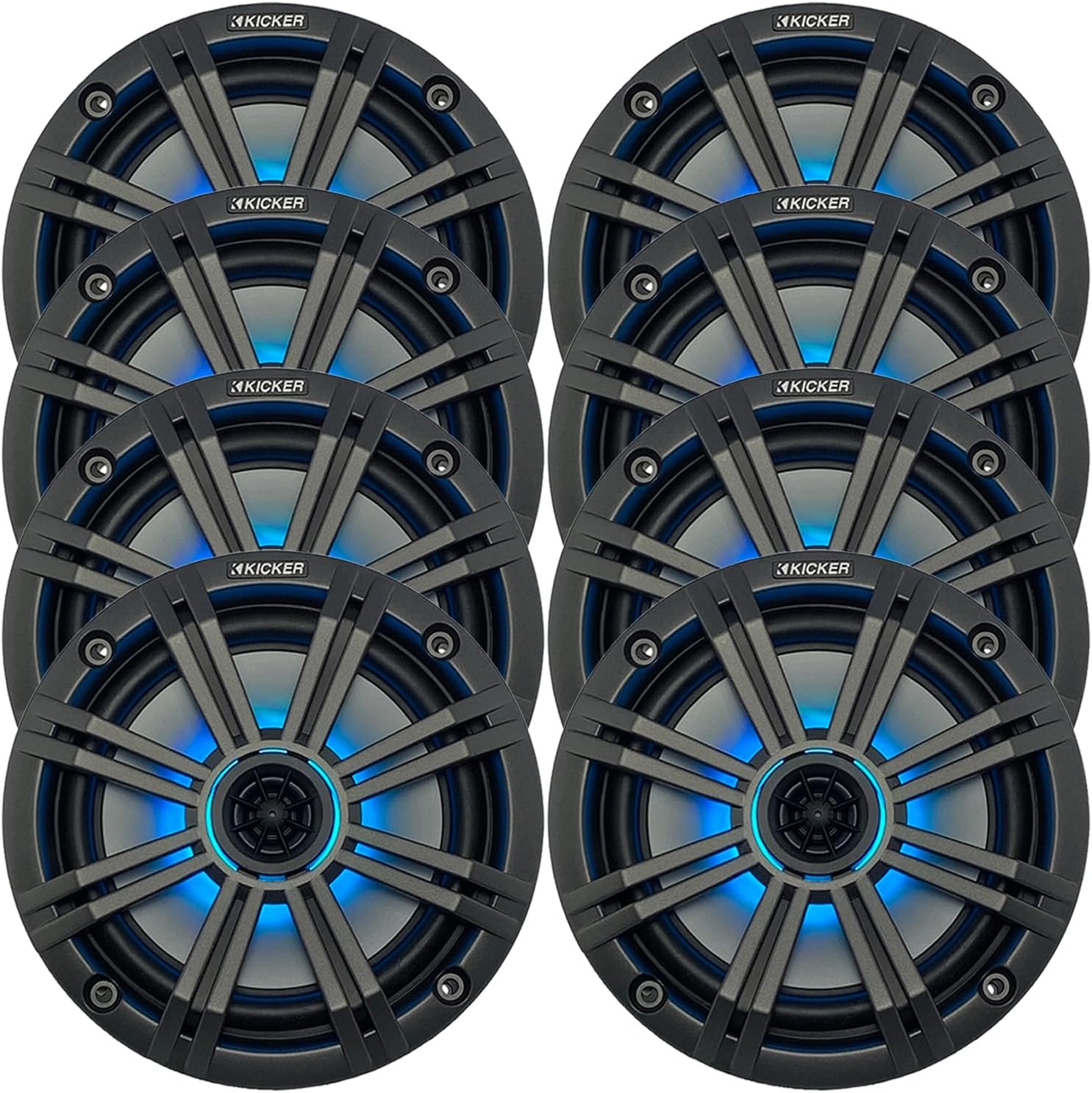 KICKER 6.5" 195 Watt Peak Power Marine OEM Replacement RGB Multicolor LED Boat Audio Speakers (Qty 8) with Charcoal Grilles