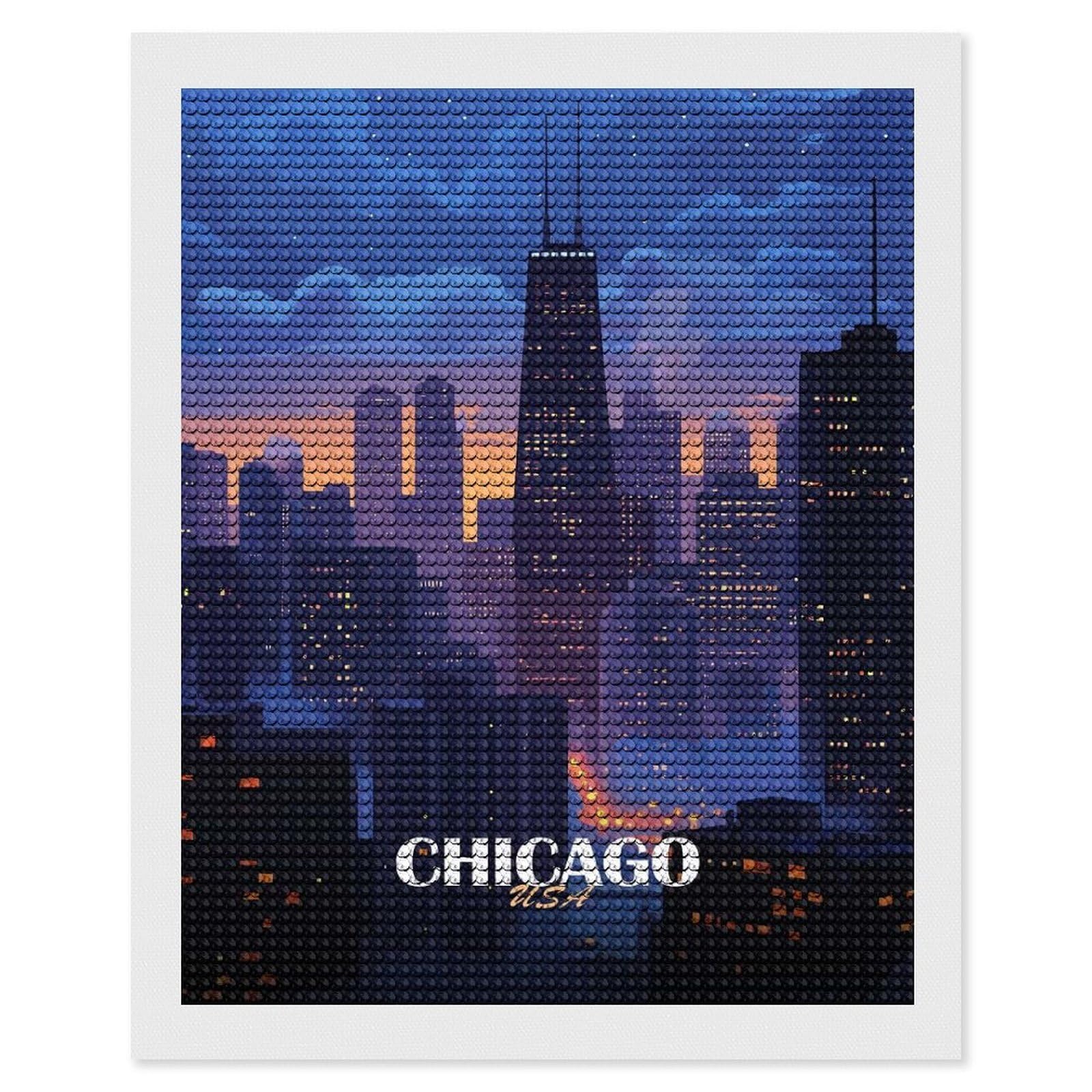 Junmoney Chicago Cityscape at Dusk Round Drill Diamond Painting 16"x20", for Adults, Creative Leisure Activity, Office Decor, Holiday Gift Idea