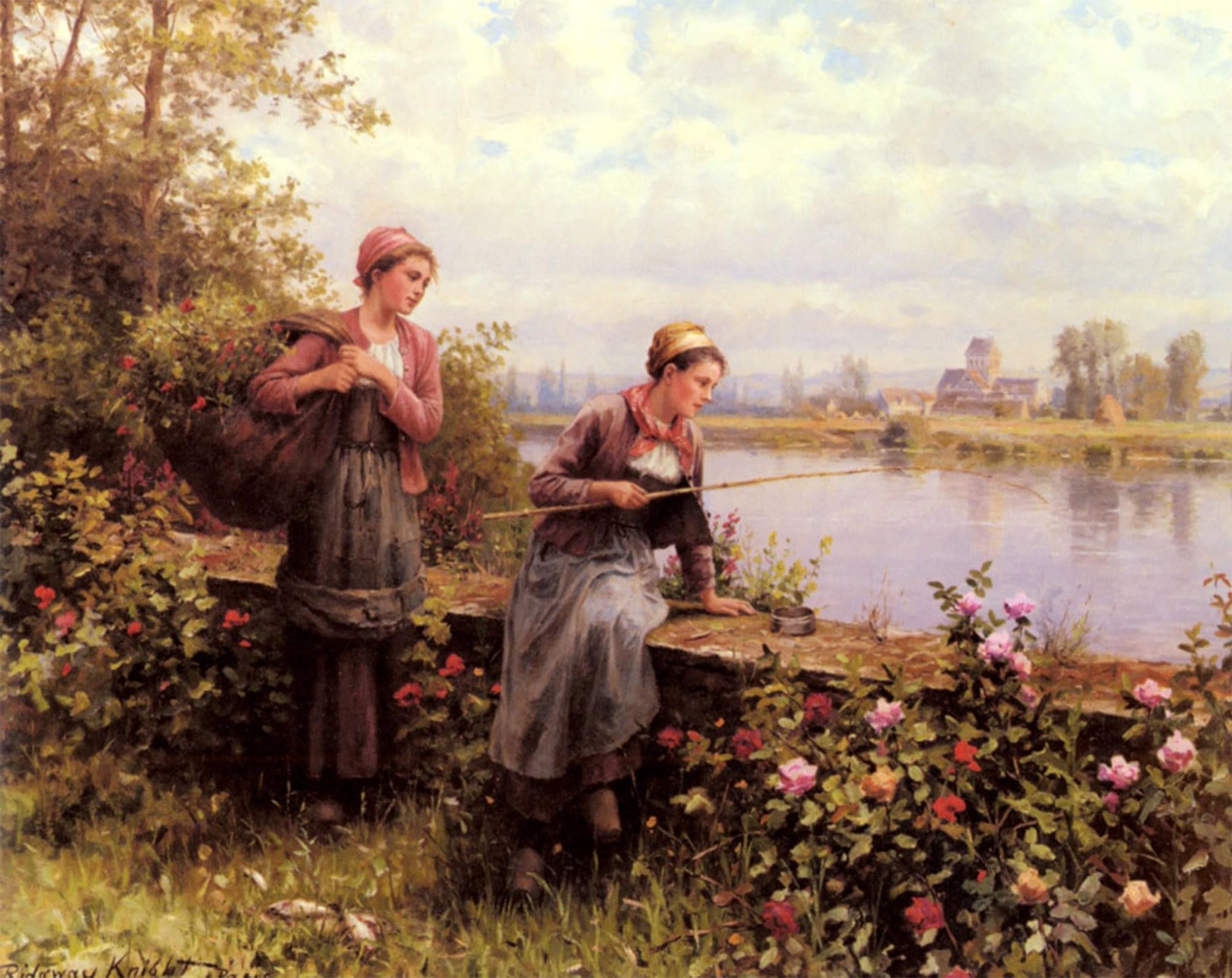 ARTXLXXBN Famous Painting Art Wall Decor Abstract Art Picture Maria and Madeleine Fishing by Daniel Ridgway Knight Animal Pictures for Home Decor 60x90cm