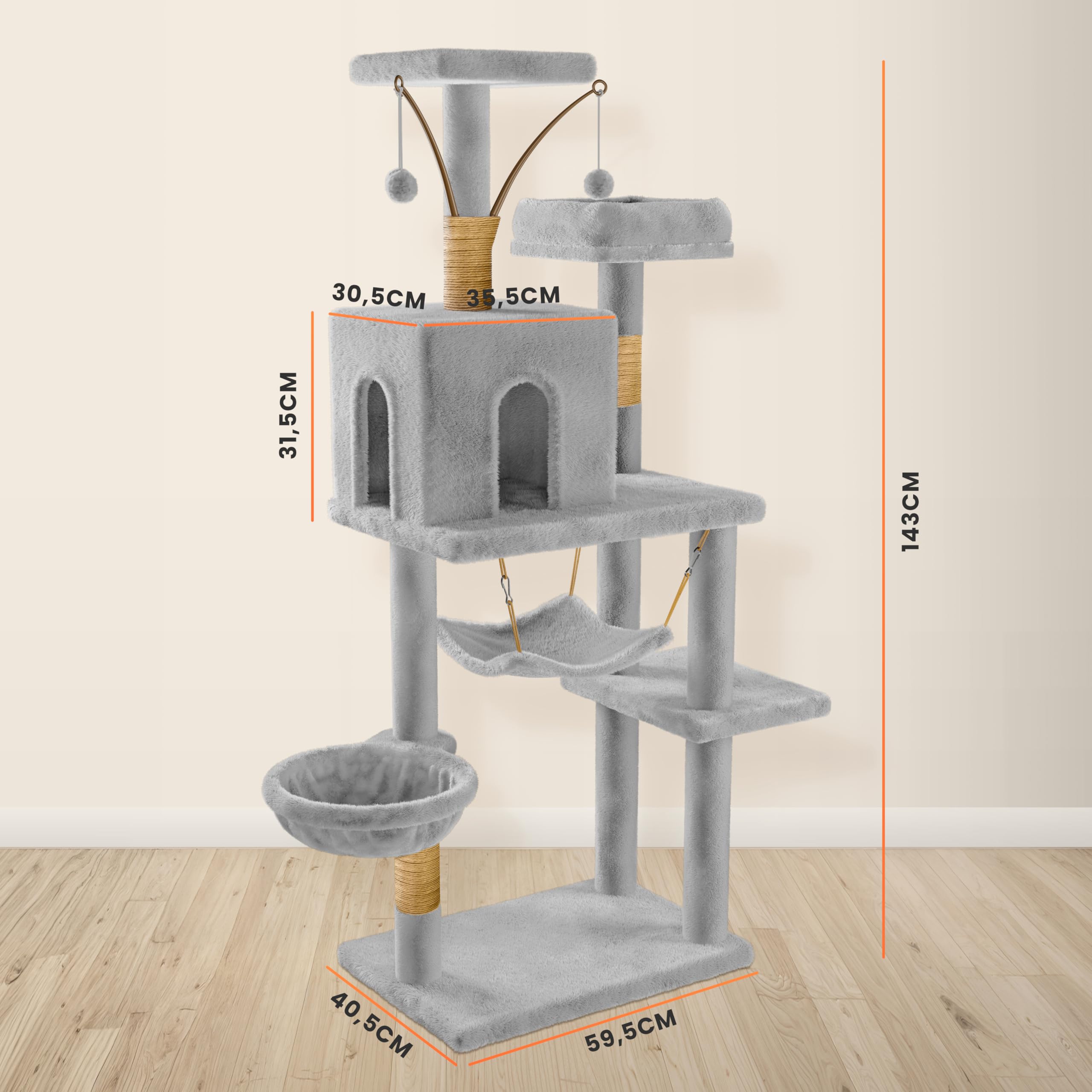 JUPPLIES Árbol Rascador para Gatos 143 cm – Torre de Juegos y Descanso con 5 Plataformas, 3 Nidos, 1 Cueva y Hamaca – Poste de Sisal y Base Estable 60×40 cm – Ideal para Hogares (Gris)