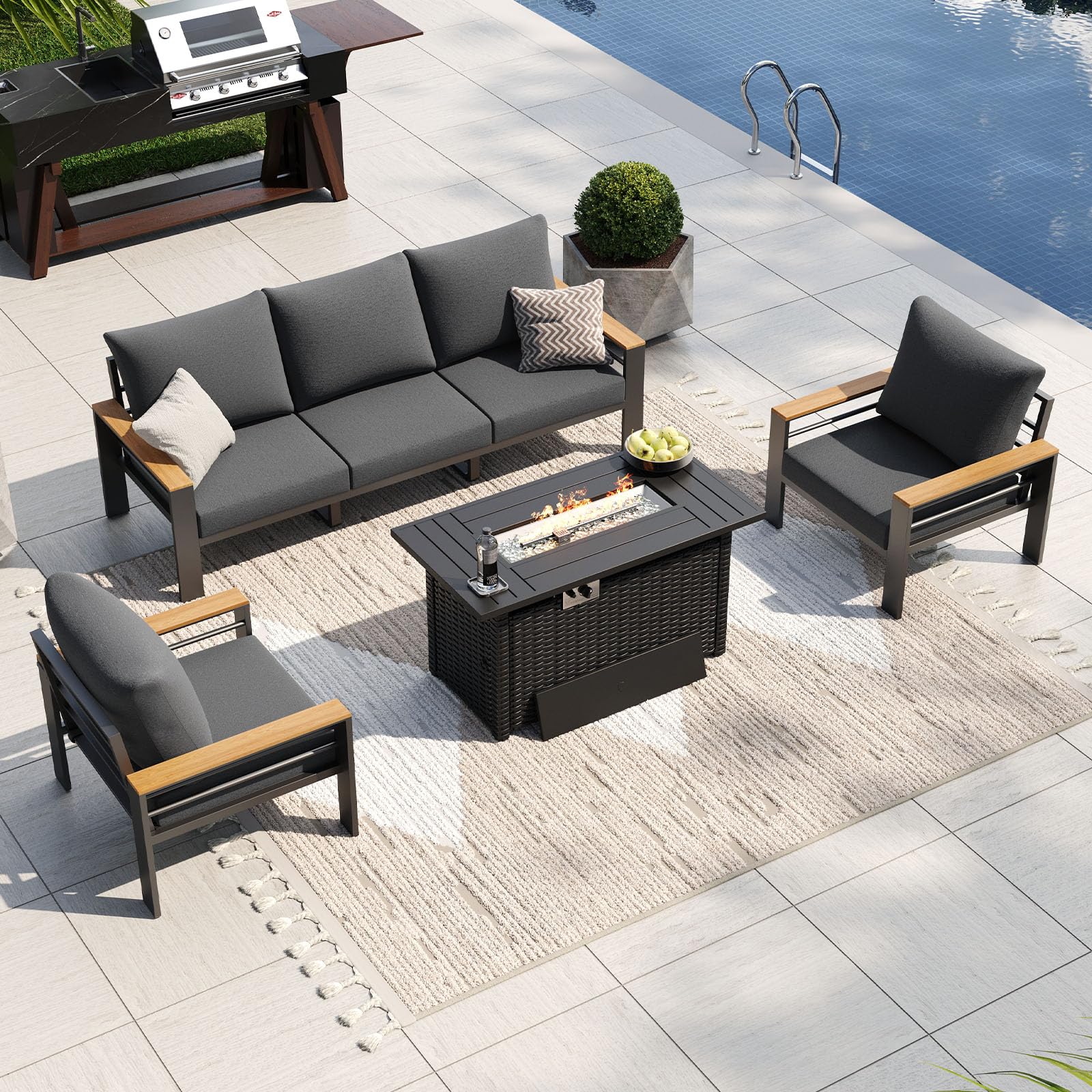 Aoxun Patio Furniture Set, Aluminum Outdoor Furniture with Fire Pit Table